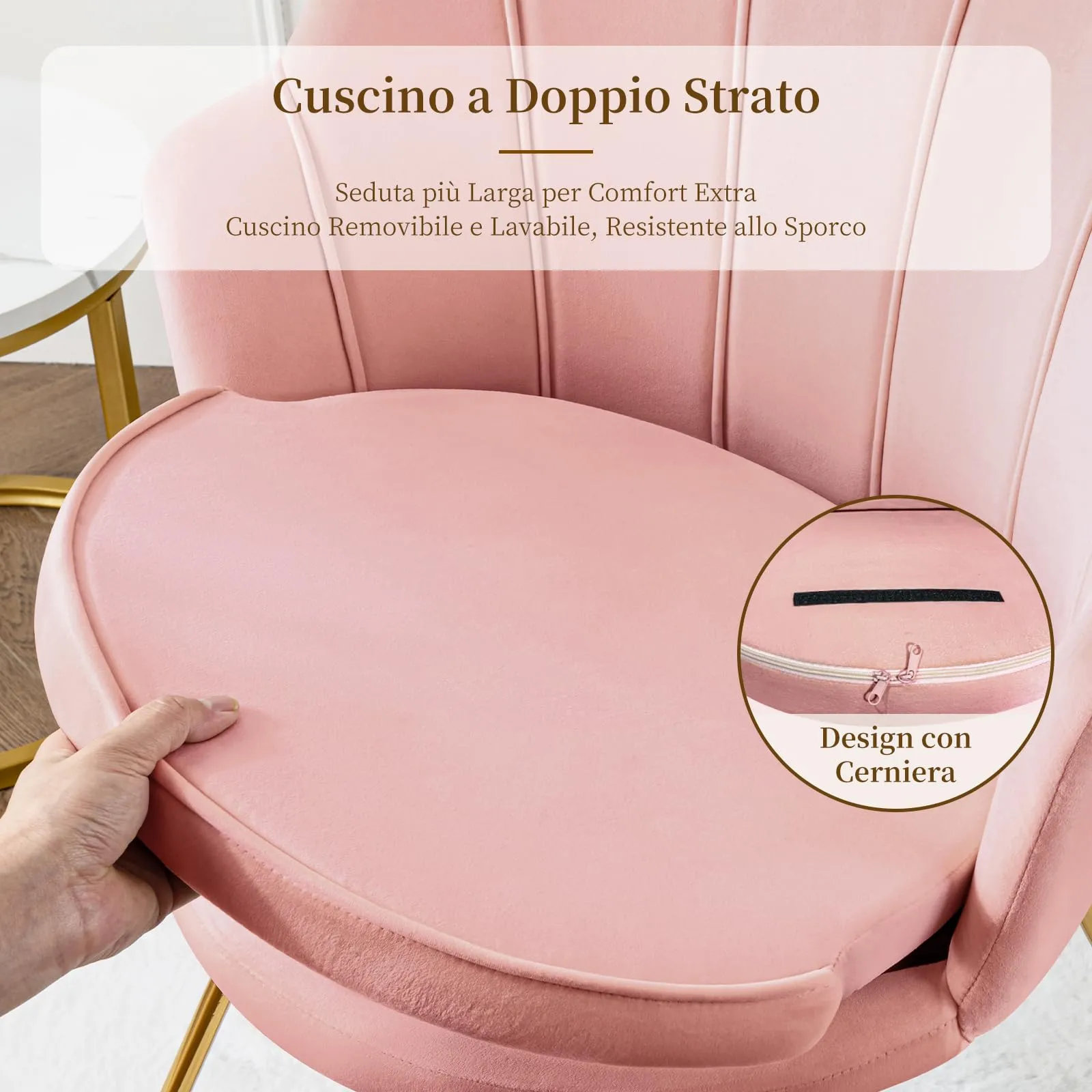 Hellove Sedia Trucco Poltrona Conchiglia in Velluto con Gambe in Metallo Placcato Oro, Rosa - immagine 6