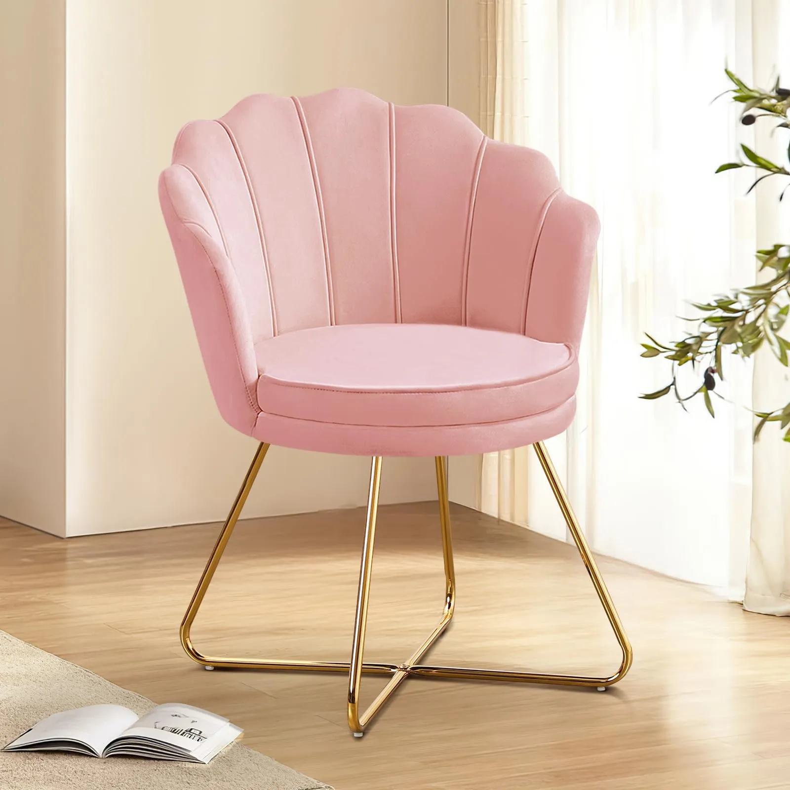 Hellove Sedia Trucco Poltrona Conchiglia in Velluto con Gambe in Metallo Placcato Oro, Rosa - immagine 7