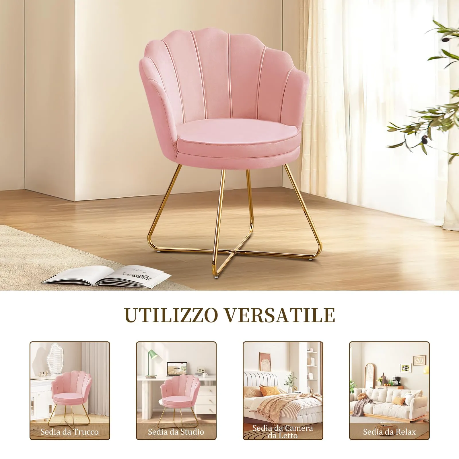 Hellove Sedia Trucco Poltrona Conchiglia in Velluto con Gambe in Metallo Placcato Oro, Rosa - immagine 8