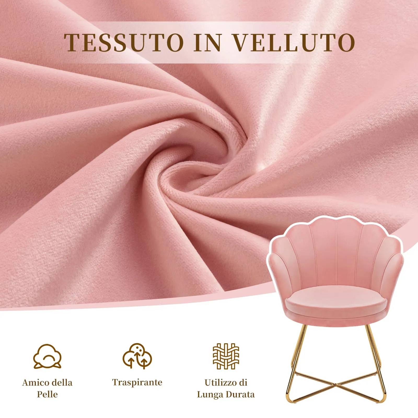 Hellove Sedia Trucco Poltrona Conchiglia in Velluto con Gambe in Metallo Placcato Oro, Rosa - immagine 9