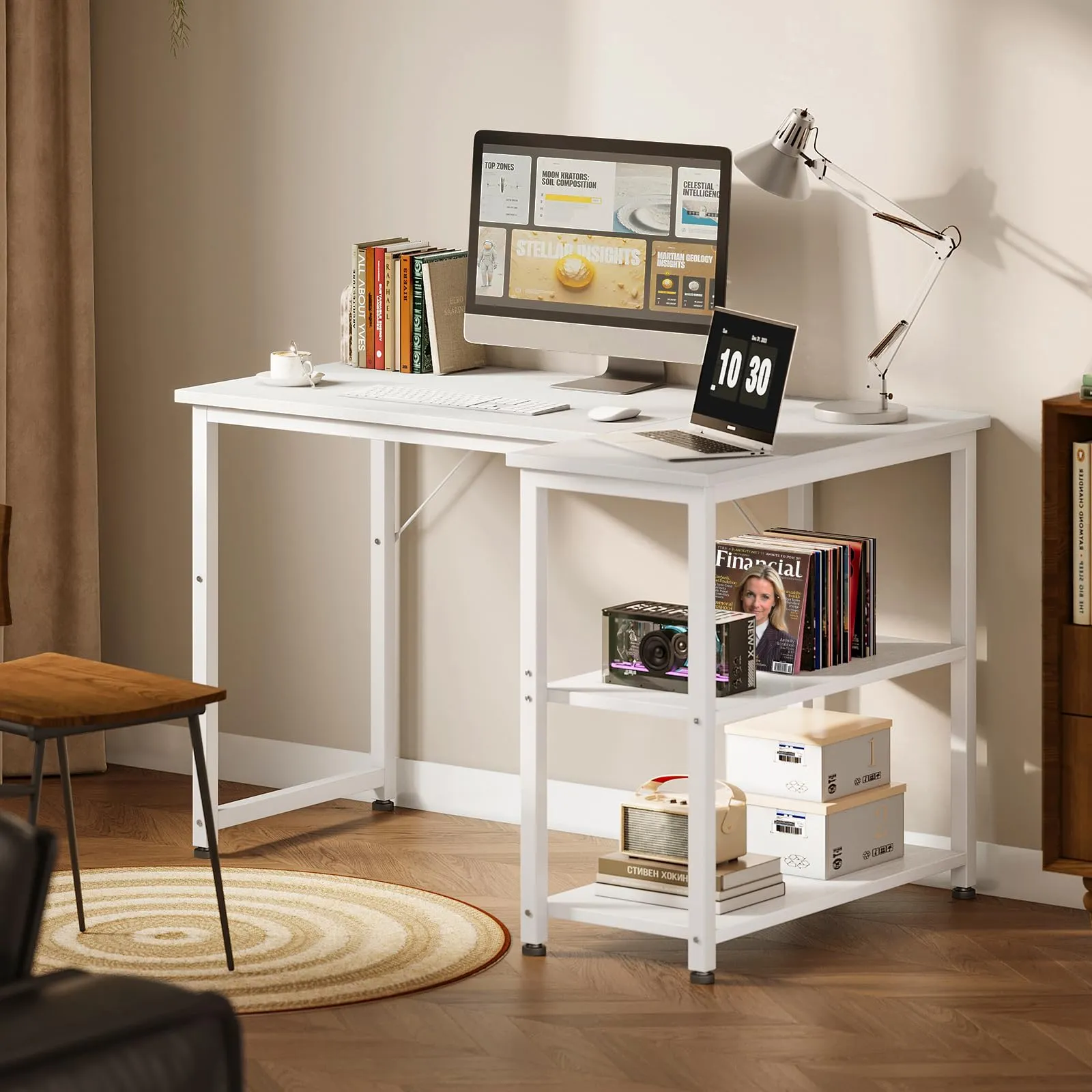 Coleshome Scrivania Angolare con Libreria Reversibile, 100 x 70 cm, Bianca - immagine 2