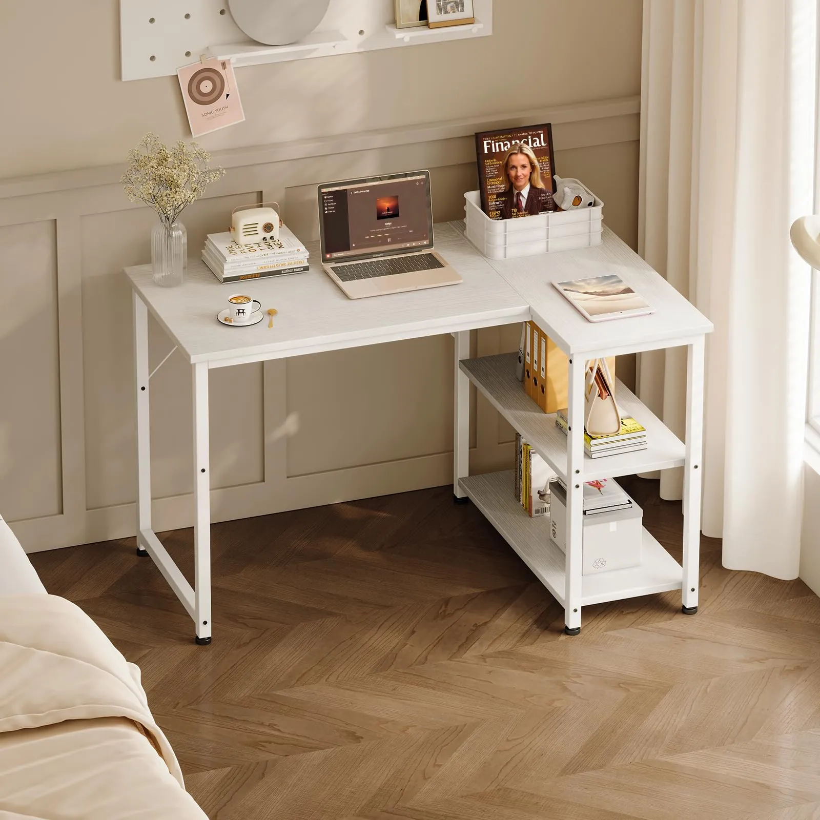 Coleshome Scrivania Angolare con Libreria Reversibile, 100 x 70 cm, Bianca - immagine 7
