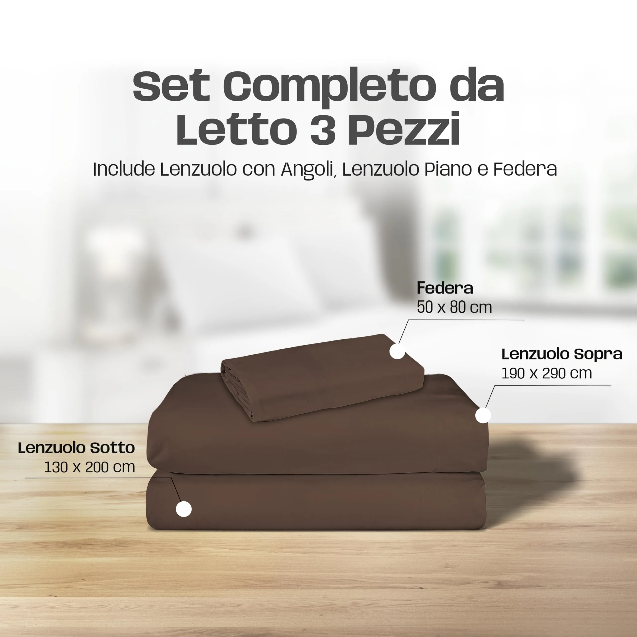 Narciso Lenzuola Una Piazza e Mezza 100% Cotone Made in Italy, Completo Letto con Lenzuolo Sotto 130x200, Sopra 190x290 e Federa 50x80cm (Fango) - immagine 2