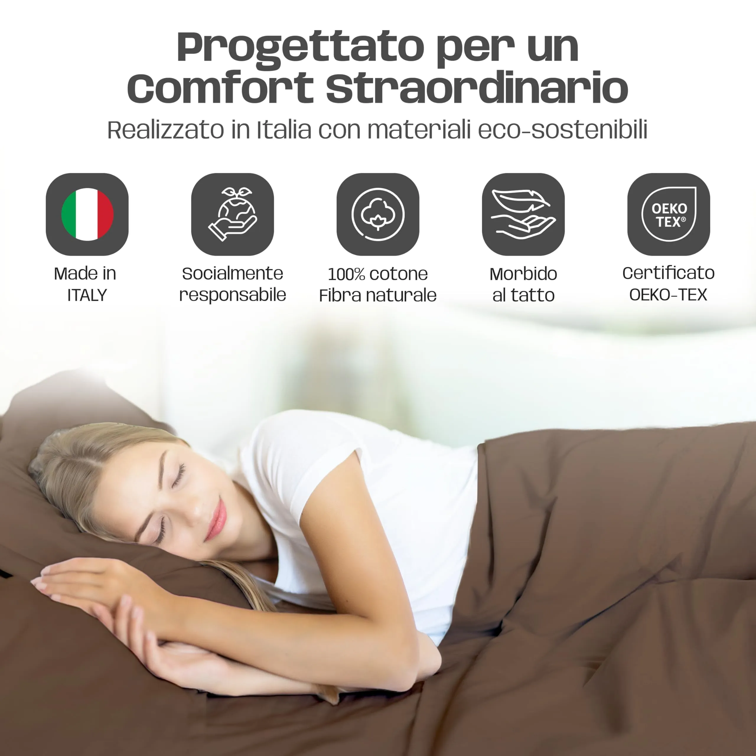 Narciso Completo Letto Singolo 100% Cotone, Lenzuolo Sotto con Angoli 90x200, Lenzuolo Sopra 150x290, Federa 50x80cm - Fango - immagine 3