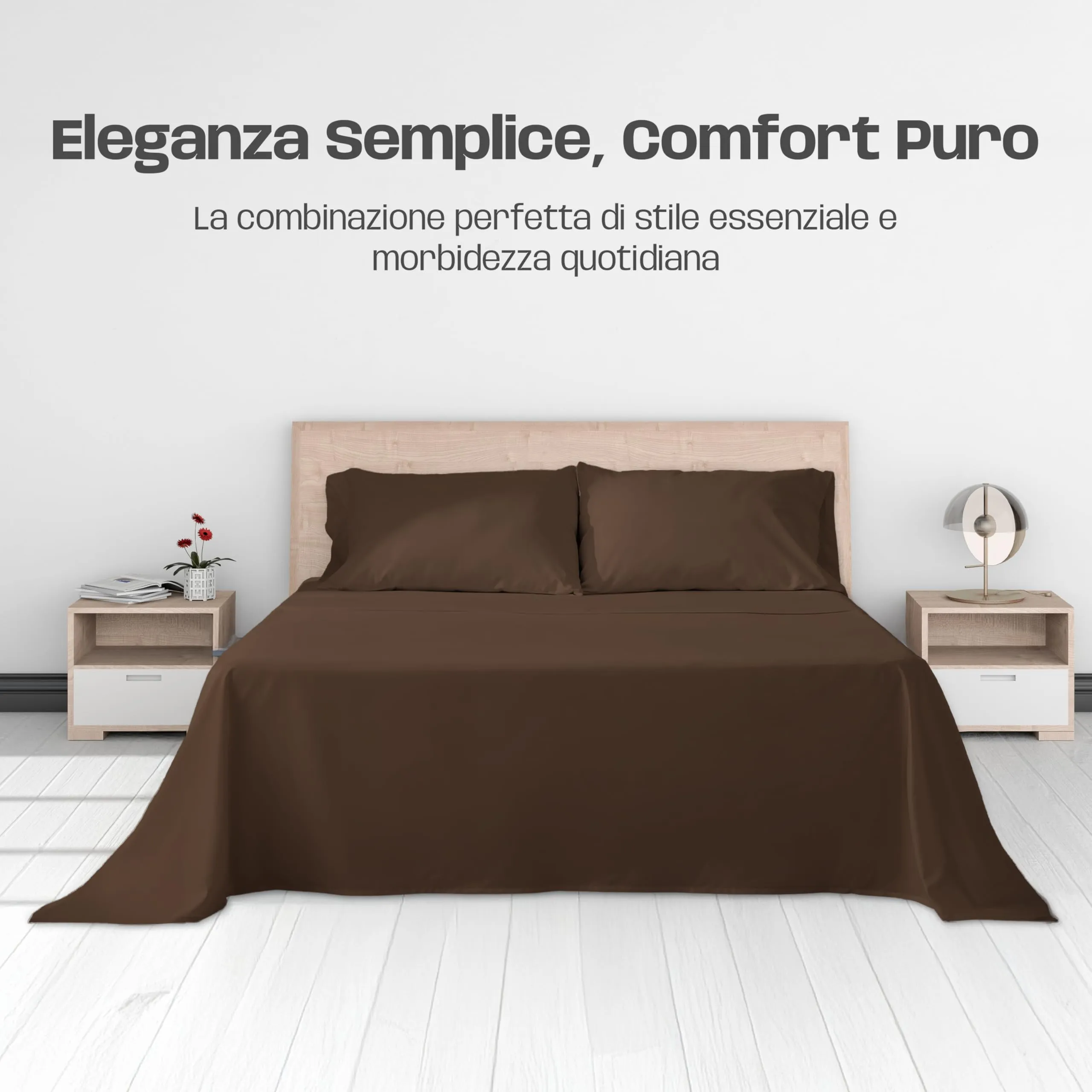 Narciso Completo Letto Singolo 100% Cotone, Lenzuolo Sotto con Angoli 90x200, Lenzuolo Sopra 150x290, Federa 50x80cm - Fango - immagine 5