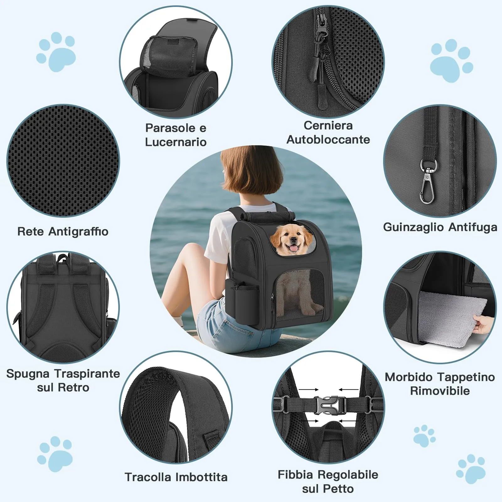Quirlig Zaino Trasportino per Cani e Gatti fino a 10 kg, Nero - immagine 4