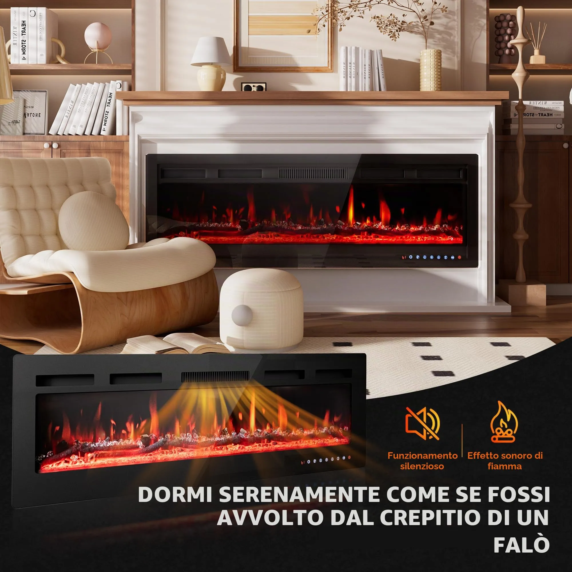 PURFINO Camino Elettrico 60"/152cm, 12 Colori Fiamma, 900W/1800W, Termostato 15-30°C, Touchscreen e Telecomando, IF-1860 - immagine 2