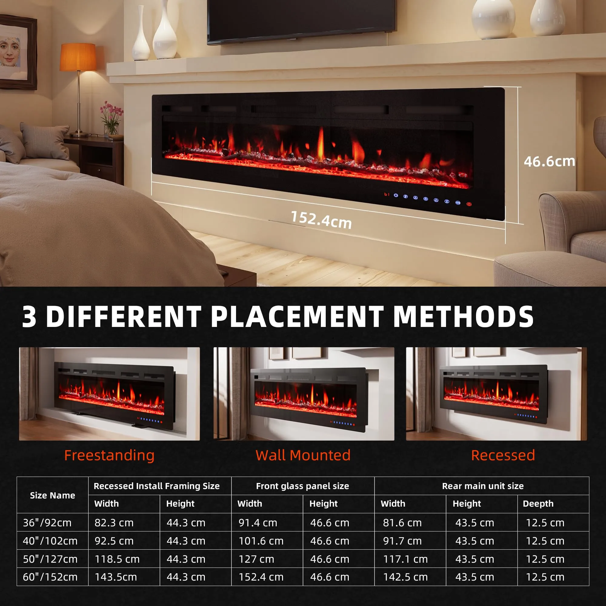 PURFINO Camino Elettrico 60"/152cm, 12 Colori Fiamma, 900W/1800W, Termostato 15-30°C, Touchscreen e Telecomando, IF-1860 - immagine 3