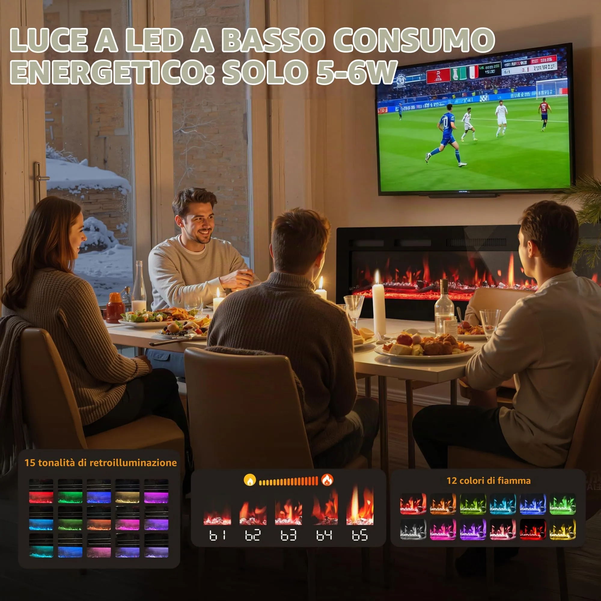 PURFINO Camino Elettrico 60"/152cm, 12 Colori Fiamma, 900W/1800W, Termostato 15-30°C, Touchscreen e Telecomando, IF-1860 - immagine 4