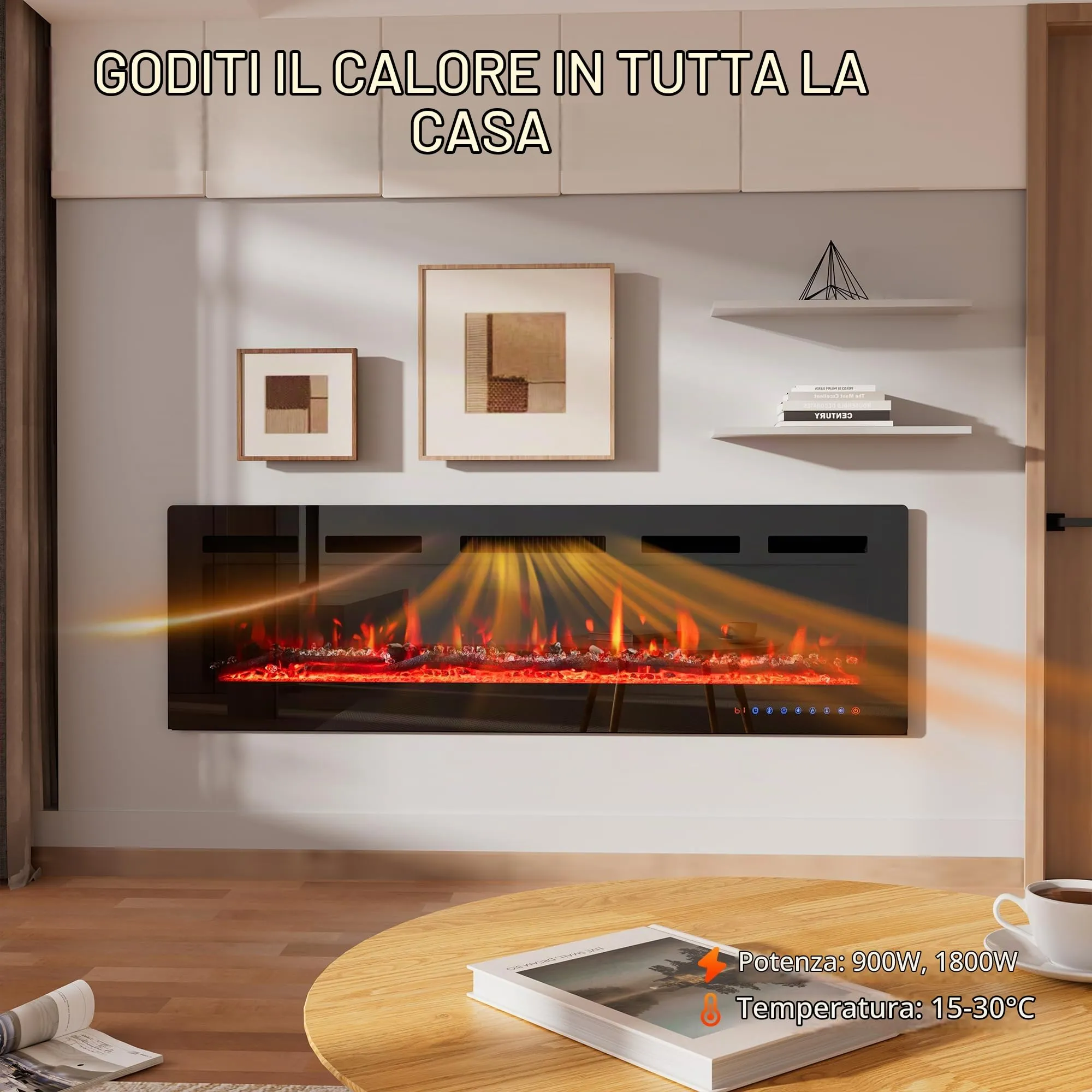 PURFINO Camino Elettrico 60"/152cm, 12 Colori Fiamma, 900W/1800W, Termostato 15-30°C, Touchscreen e Telecomando, IF-1860 - immagine 5