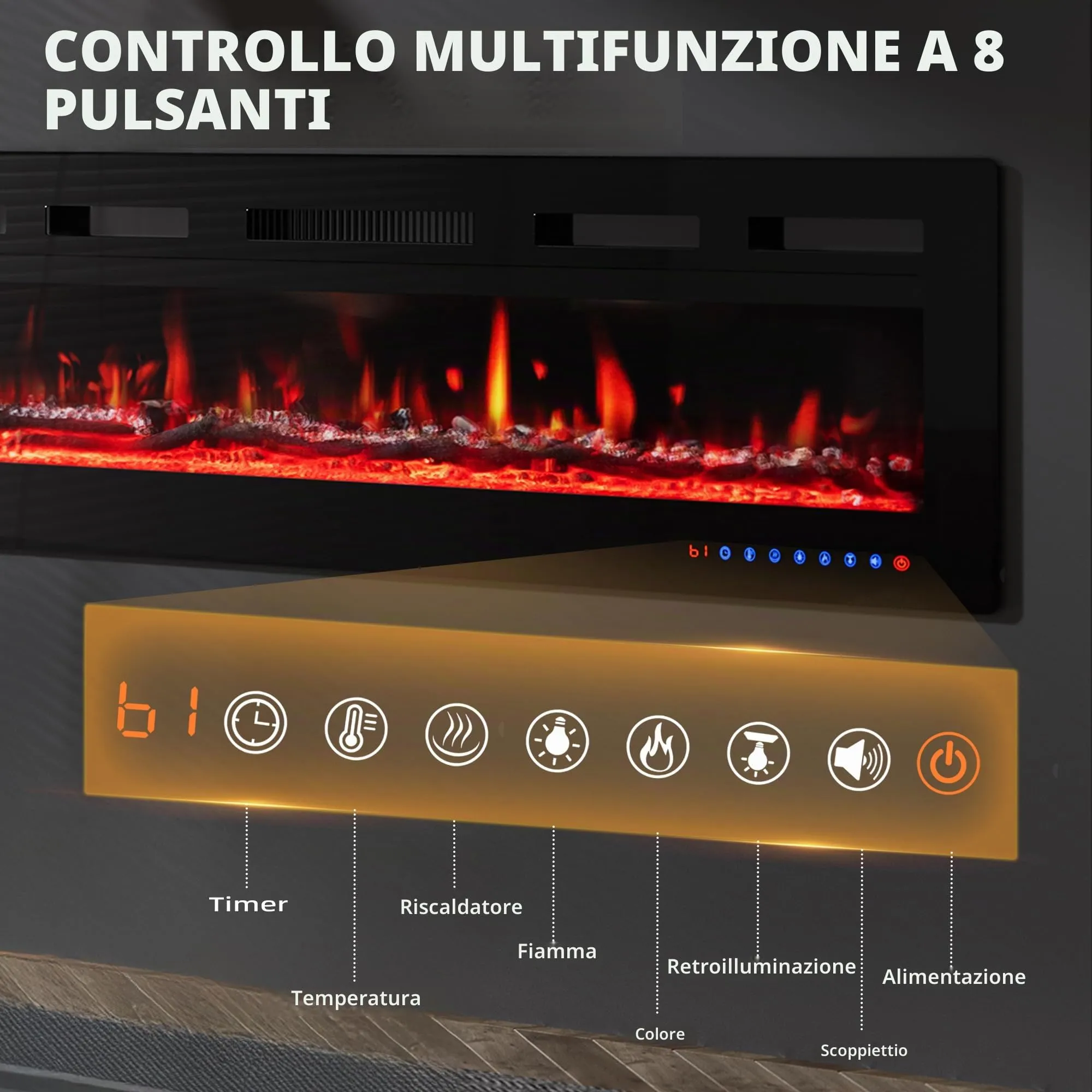 PURFINO Camino Elettrico 60"/152cm, 12 Colori Fiamma, 900W/1800W, Termostato 15-30°C, Touchscreen e Telecomando, IF-1860 - immagine 6