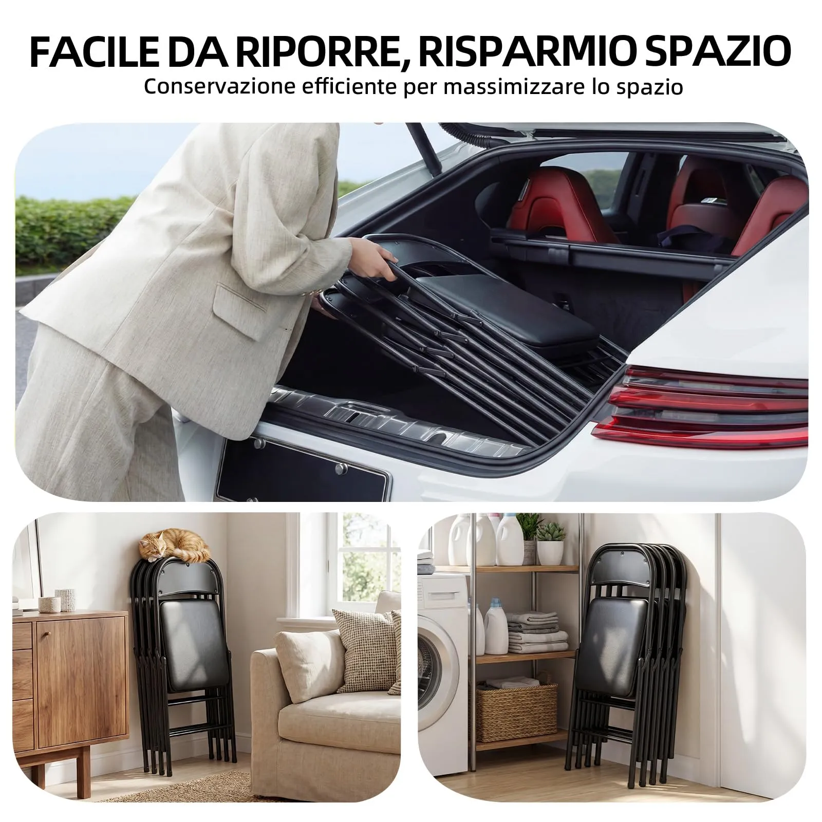 Asdsed Set di 8 Sedie Pieghevoli Imbottite, Portata 160 kg, Nero - immagine 6