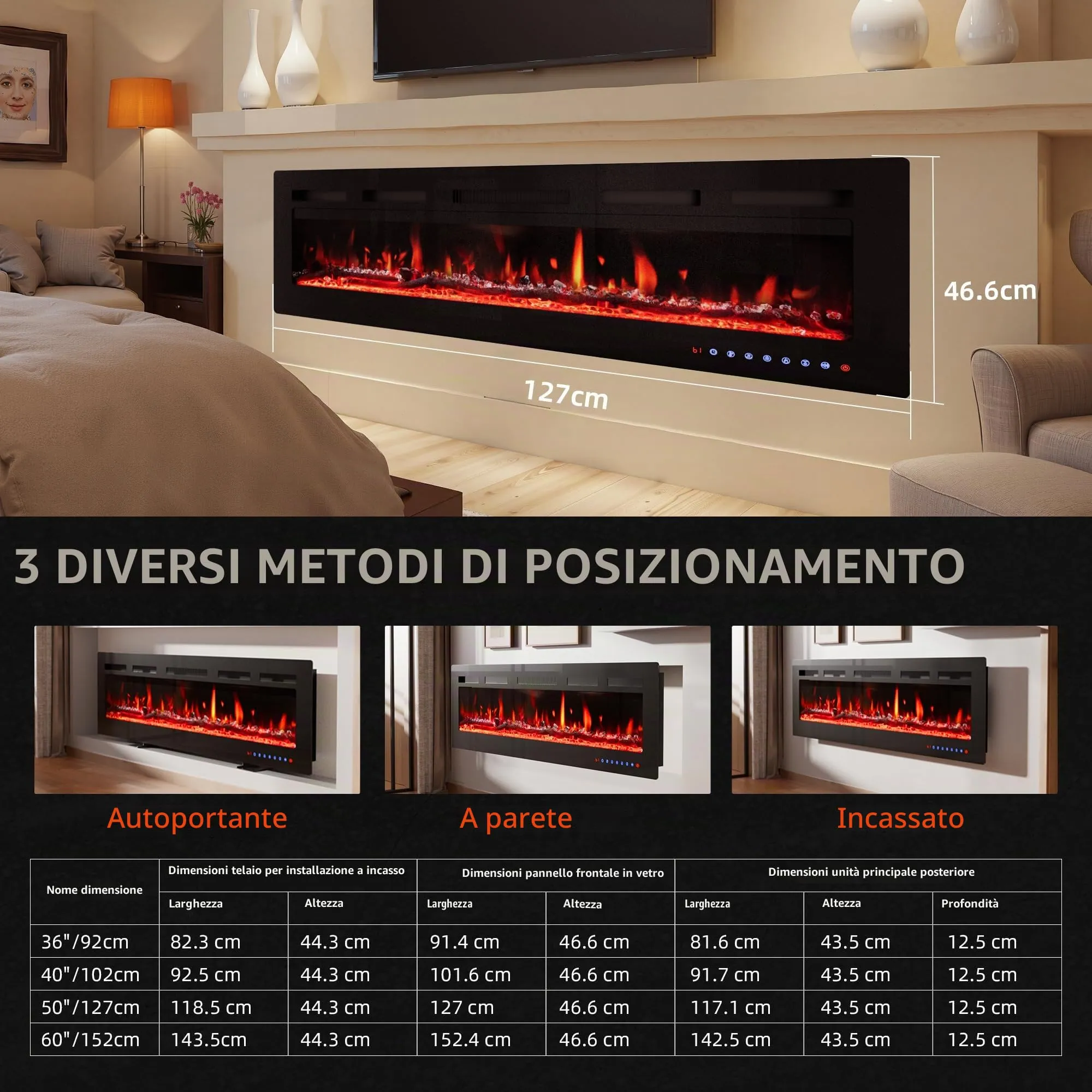 PURFINO Camino Elettrico 50"/127cm, Fiamma 12 Colori, 900W/1800W, Termostato, Touchscreen & Telecomando, IF-1850 - immagine 3