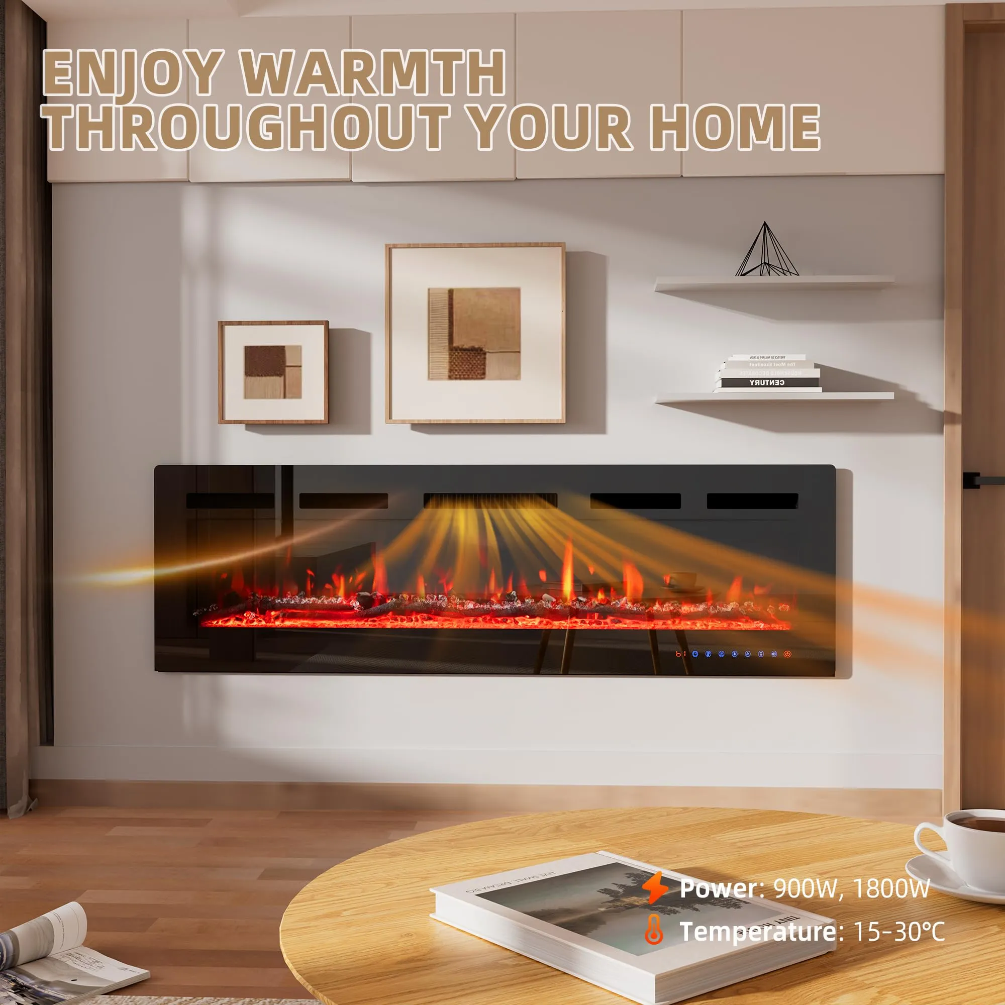 PURFINO Camino Elettrico 50"/127cm, Fiamma 12 Colori, 900W/1800W, Termostato, Touchscreen & Telecomando, IF-1850 - immagine 4