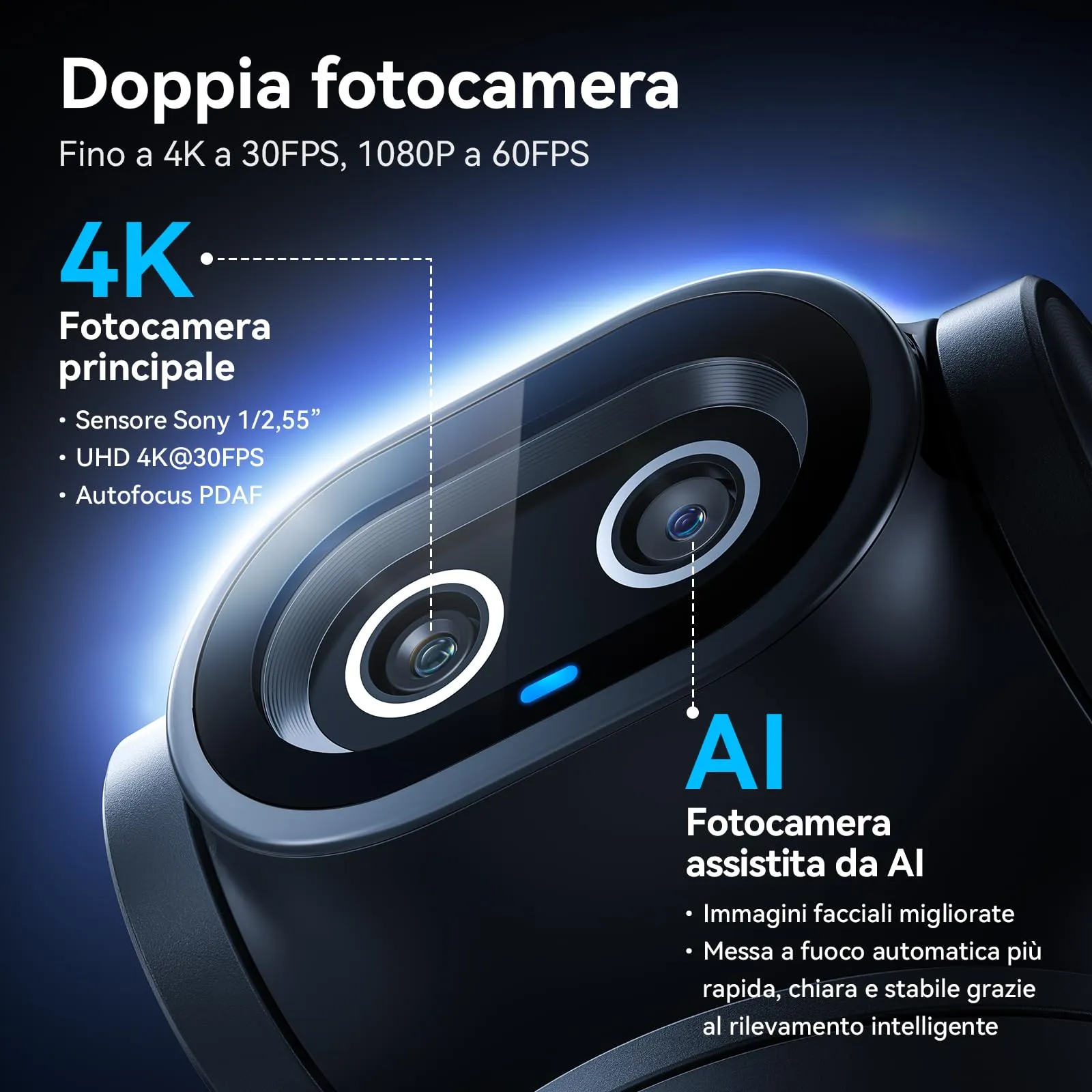 EMEET PIXY Telecamera PTZ 4K a Doppia Telecamera AI, Sensore Sony, 3 Microfoni, Compatibile con OBS/Twitch/Switch 2 - immagine 2