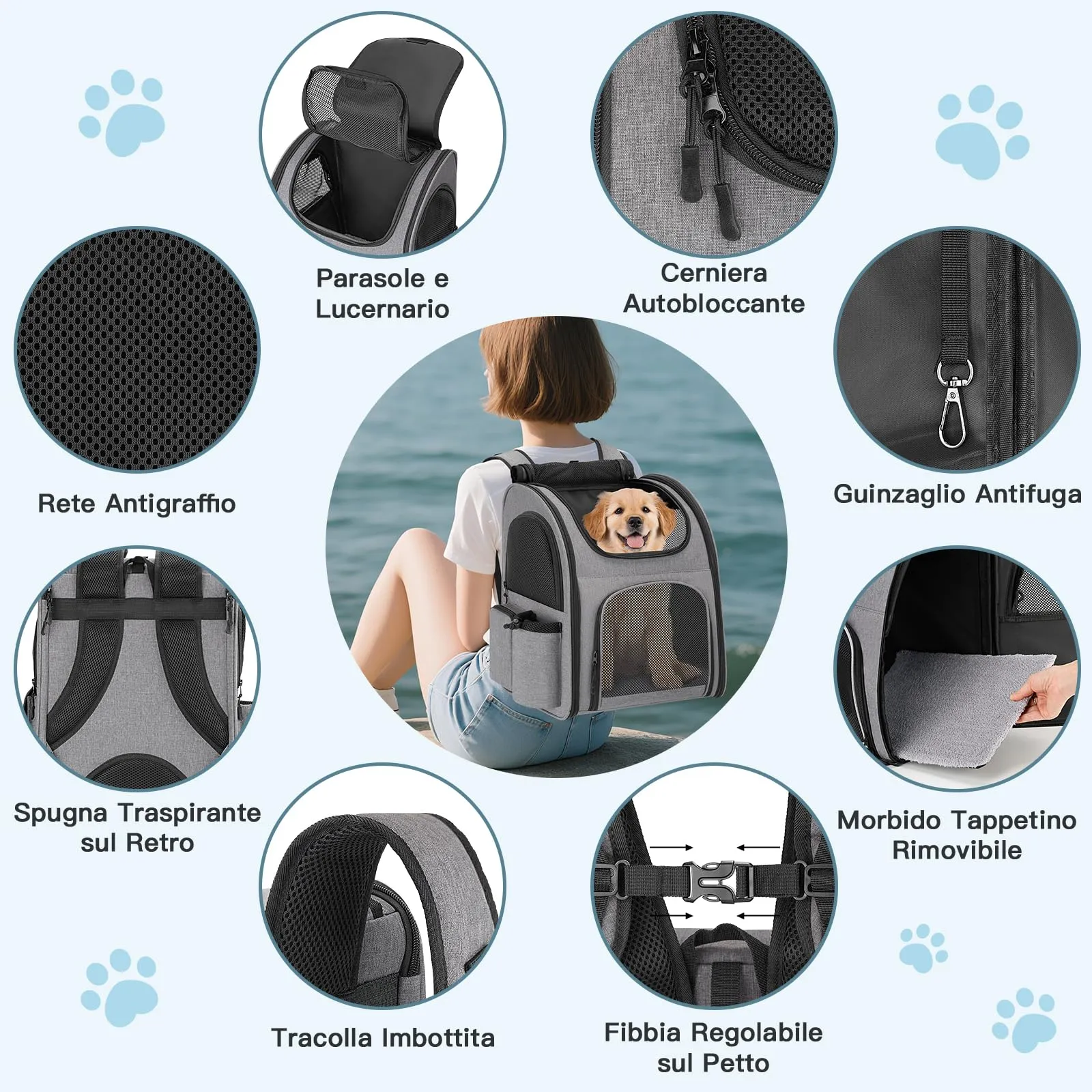 Quirlig Zaino Trasportino per Cani e Gatti fino a 10 kg, Grigio - immagine 4