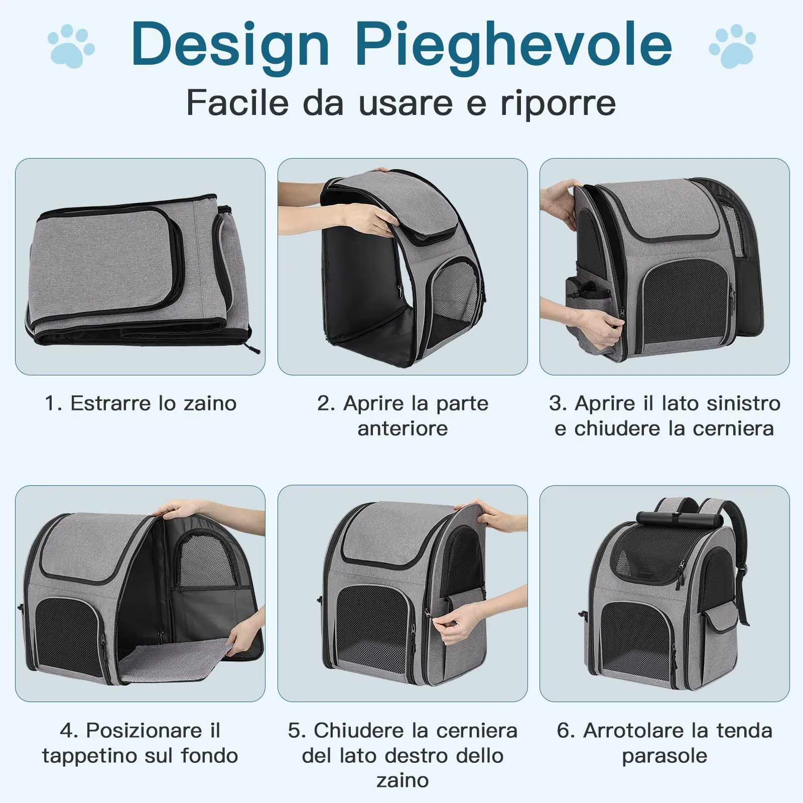 Quirlig Zaino Trasportino per Cani e Gatti fino a 10 kg, Grigio - immagine 7