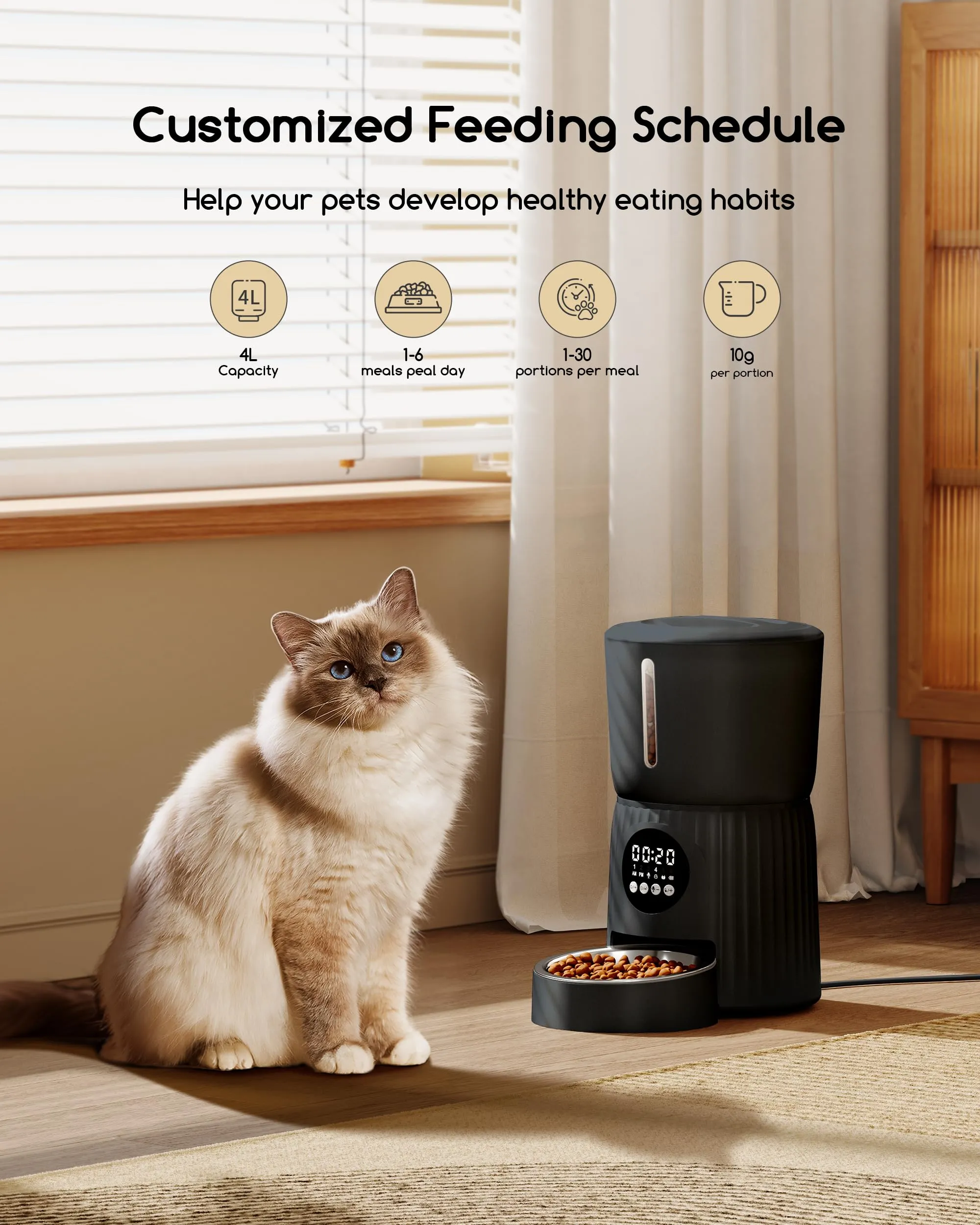 Faroro Distributore Automatico Cibo Gatti 4L, Dispenser Crocchette con Porzioni Regolabili, Messaggio Vocale 10s e Alimentazione Lenta (Nero) - immagine 2
