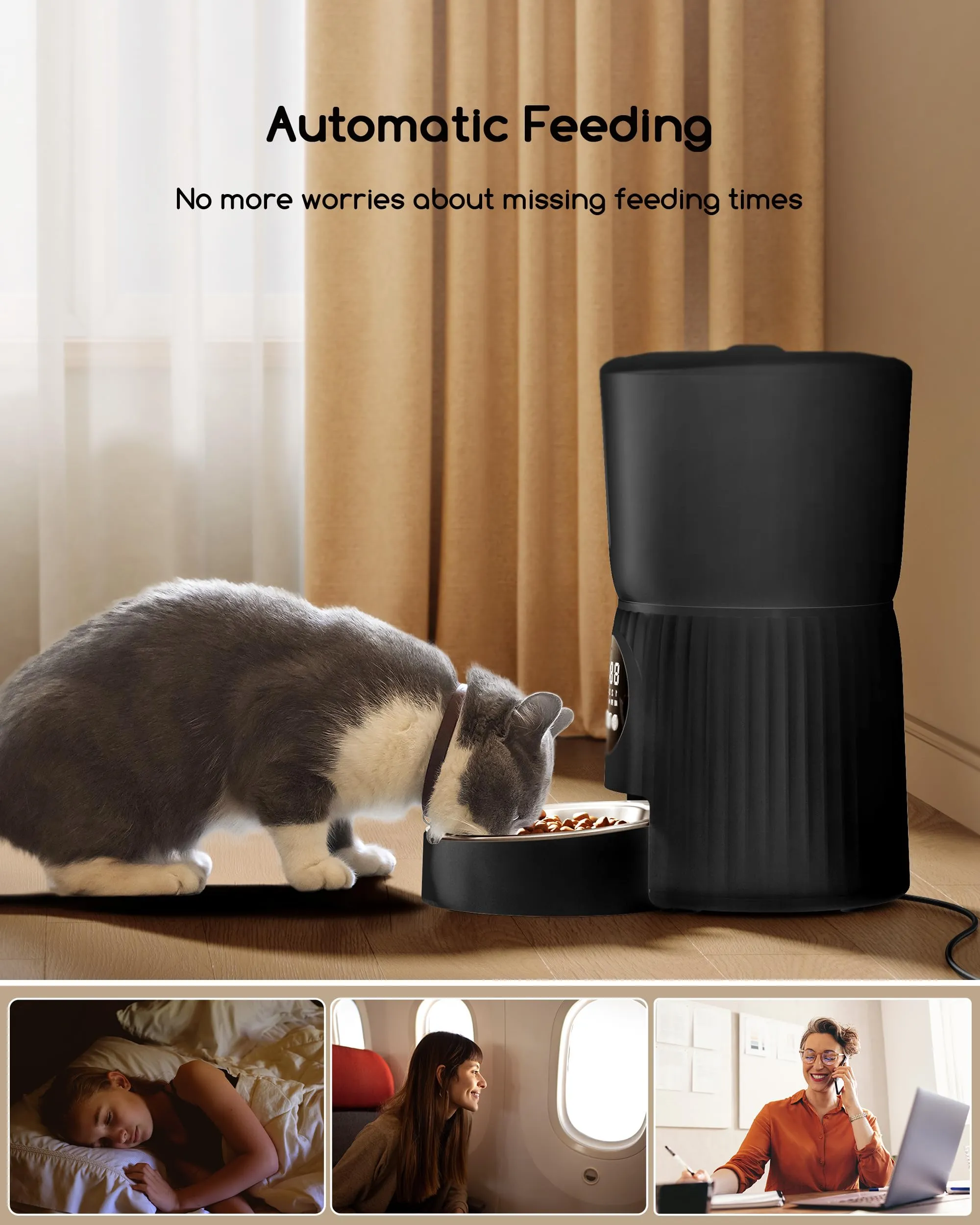 Faroro Distributore Automatico Cibo Gatti 4L, Dispenser Crocchette con Porzioni Regolabili, Messaggio Vocale 10s e Alimentazione Lenta (Nero) - immagine 3