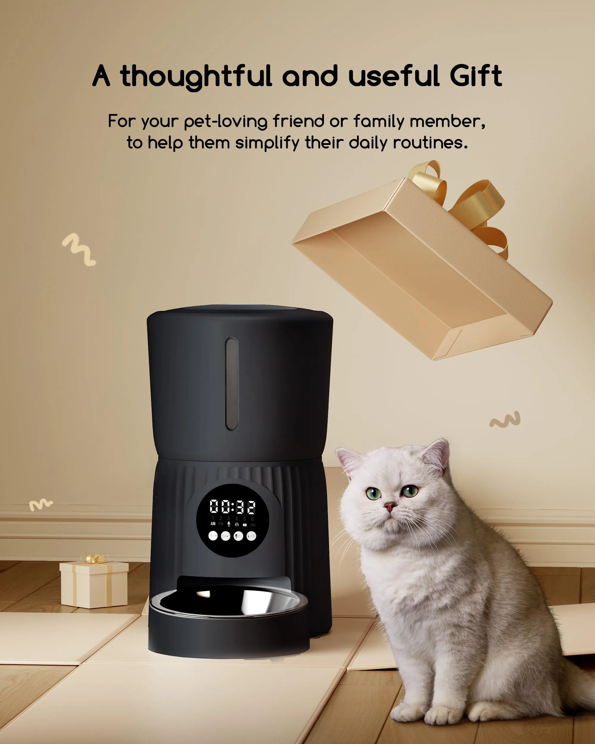 Faroro Distributore Automatico Cibo Gatti 4L, Dispenser Crocchette con Porzioni Regolabili, Messaggio Vocale 10s e Alimentazione Lenta (Nero) - immagine 8