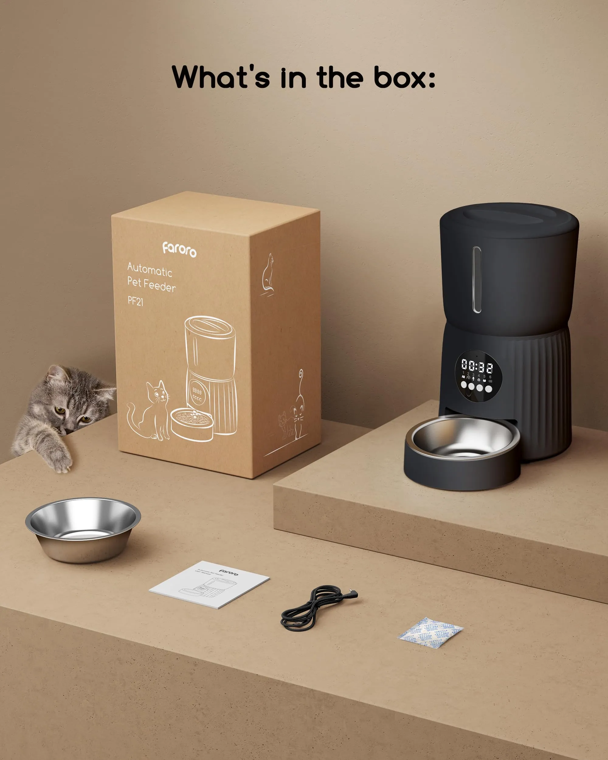 Faroro Distributore Automatico Cibo Gatti 4L, Dispenser Crocchette con Porzioni Regolabili, Messaggio Vocale 10s e Alimentazione Lenta (Nero) - immagine 9