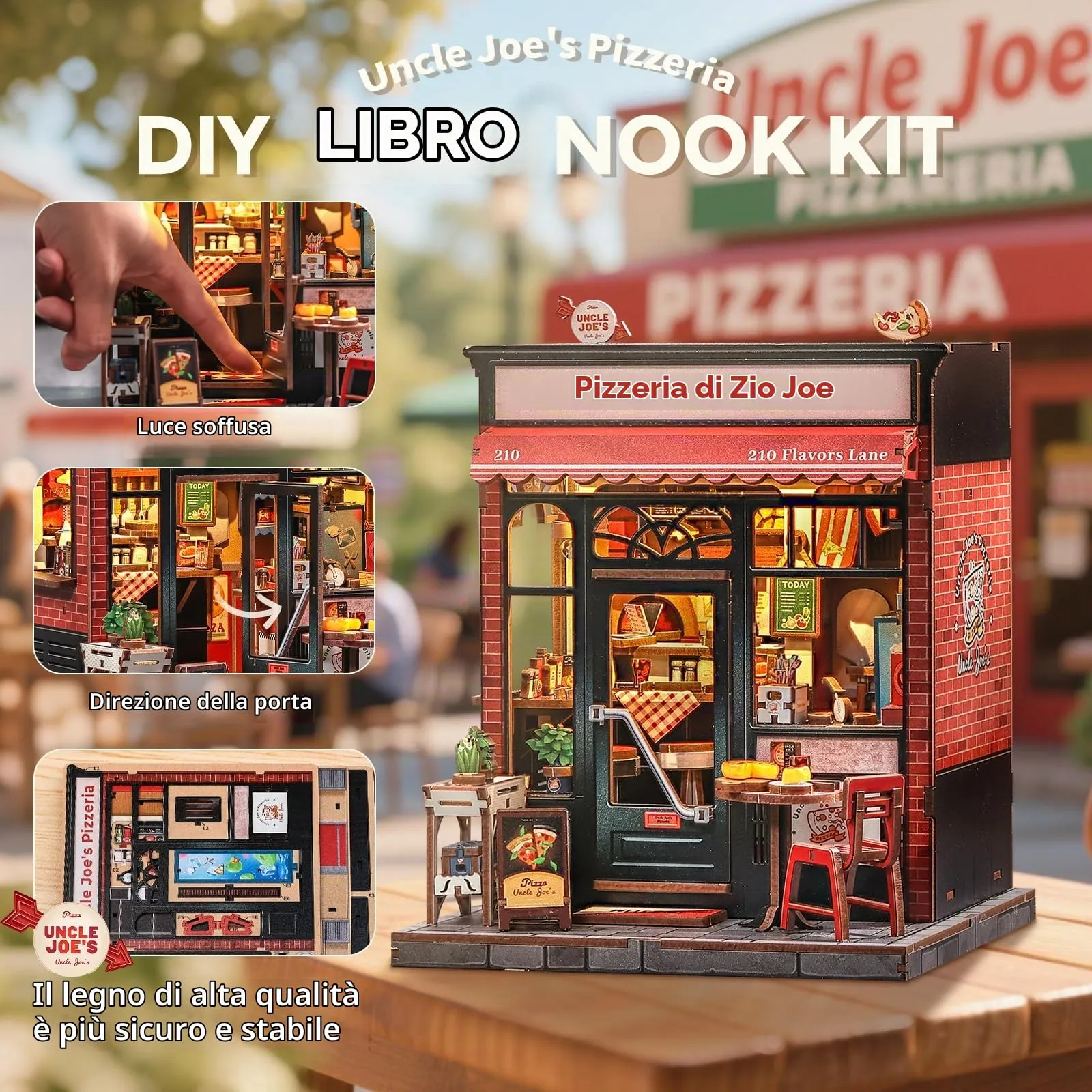 CUTEBEE Book Nook Kit - Miniatura di Casa delle Bambole DIY con Luci LED, Uncle Joe's Pizzeria - immagine 2
