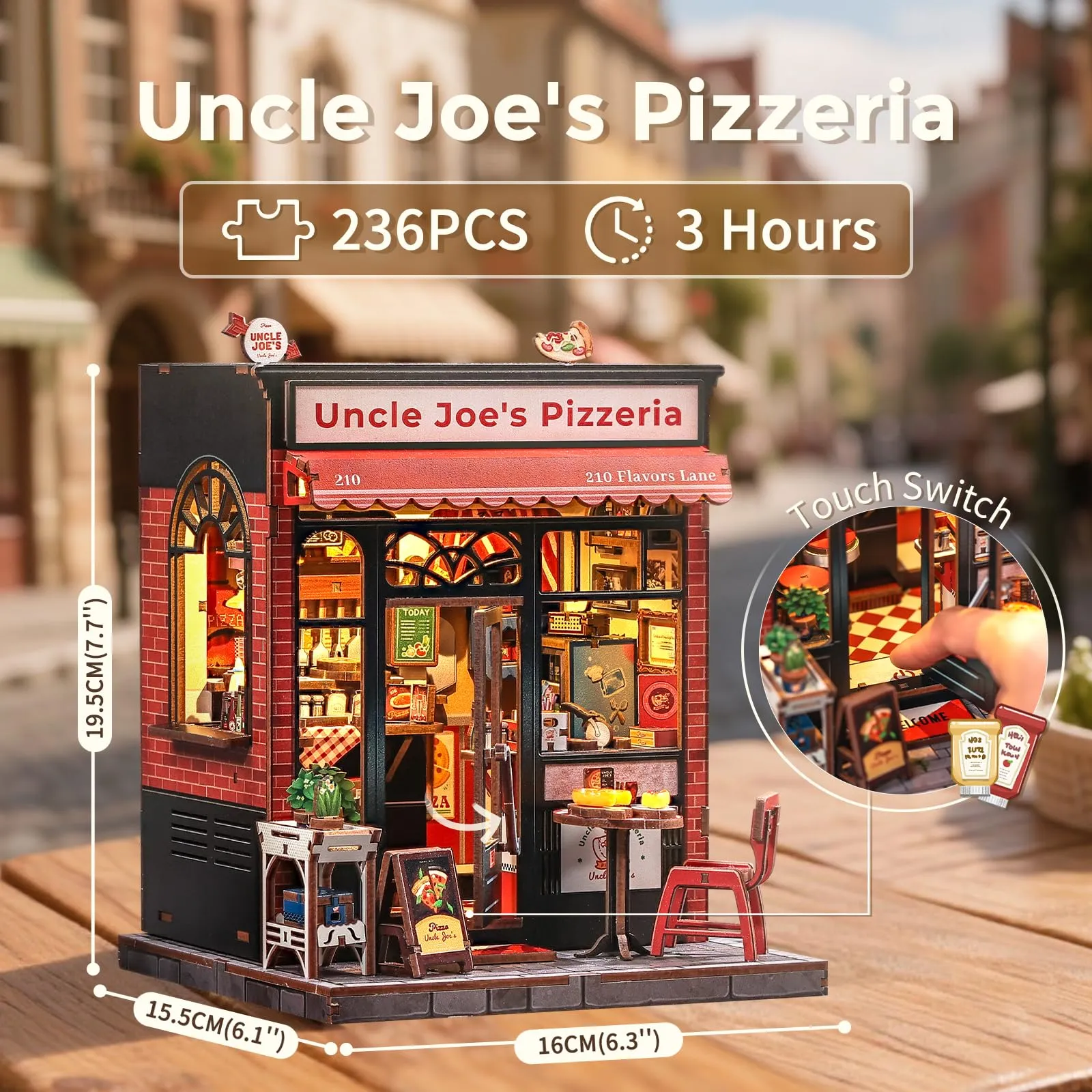 CUTEBEE Book Nook Kit - Miniatura di Casa delle Bambole DIY con Luci LED, Uncle Joe's Pizzeria - immagine 4