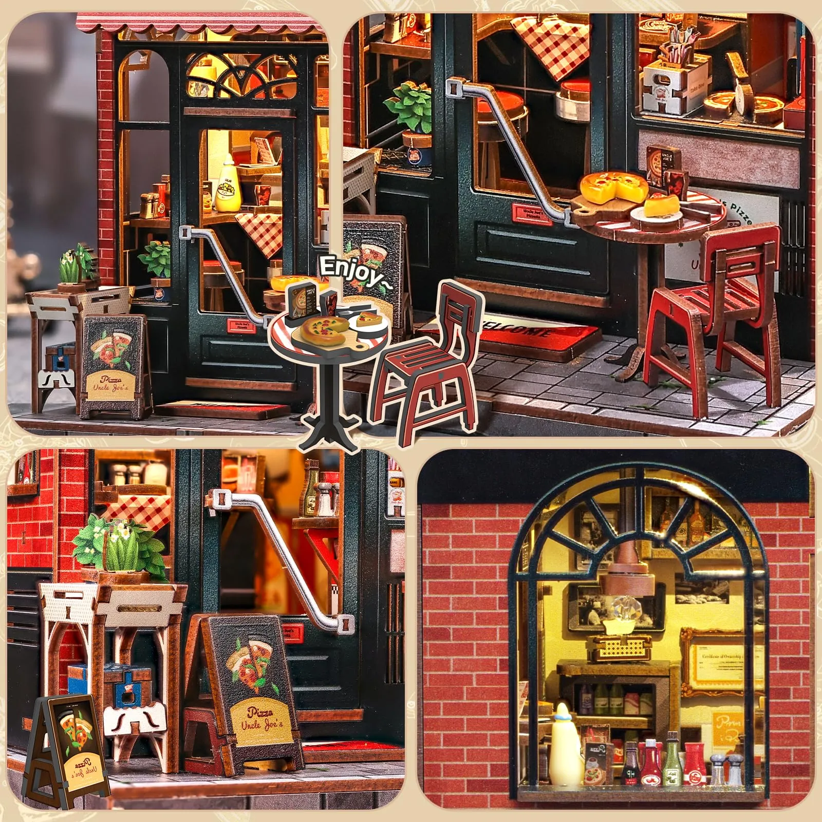 CUTEBEE Book Nook Kit - Miniatura di Casa delle Bambole DIY con Luci LED, Uncle Joe's Pizzeria - immagine 5