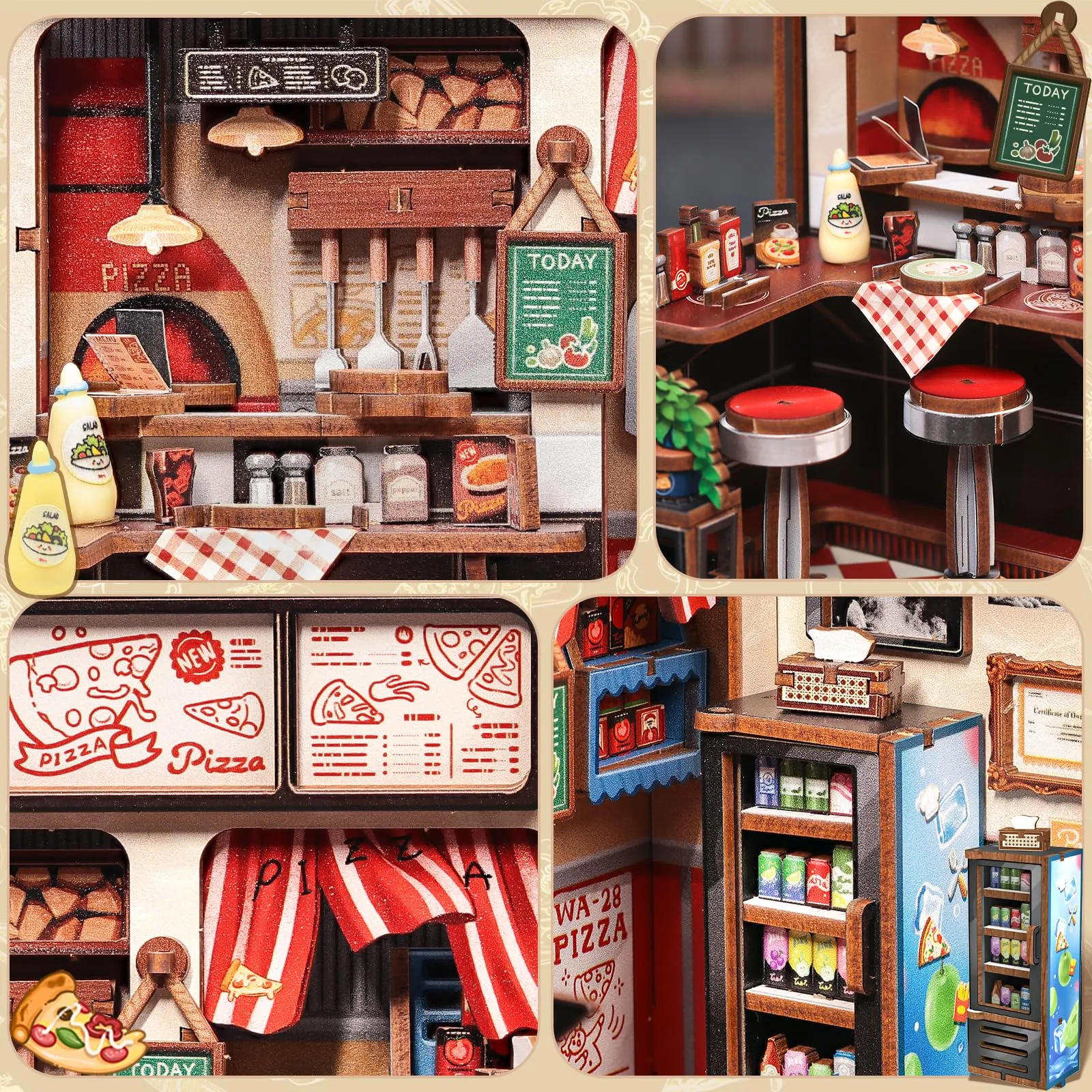 CUTEBEE Book Nook Kit - Miniatura di Casa delle Bambole DIY con Luci LED, Uncle Joe's Pizzeria - immagine 6