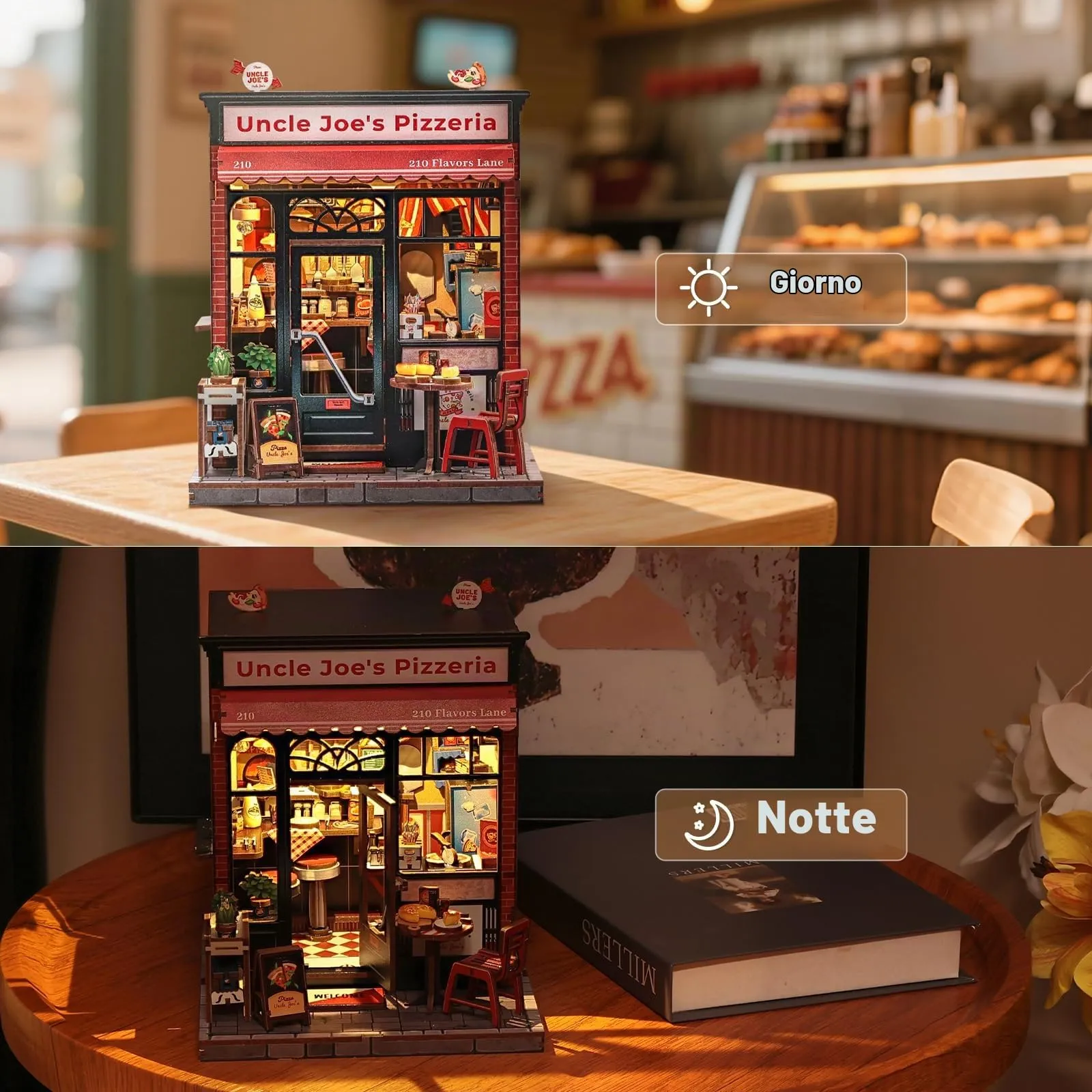 CUTEBEE Book Nook Kit - Miniatura di Casa delle Bambole DIY con Luci LED, Uncle Joe's Pizzeria - immagine 7