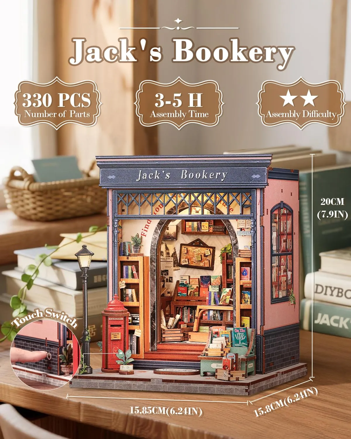 CUTEBEE Book Nook Kit Jack's Bookery DIY Miniature Dollhouse with LED Light - immagine 3