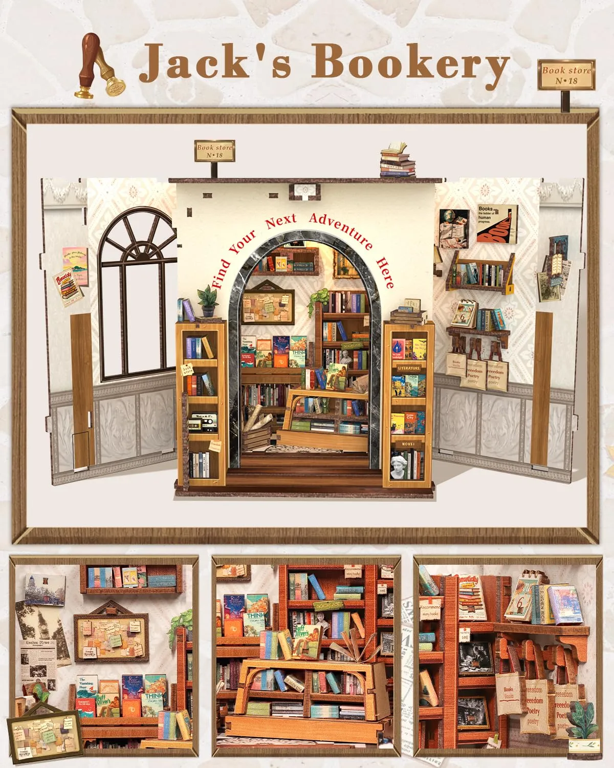 CUTEBEE Book Nook Kit Jack's Bookery DIY Miniature Dollhouse with LED Light - immagine 5