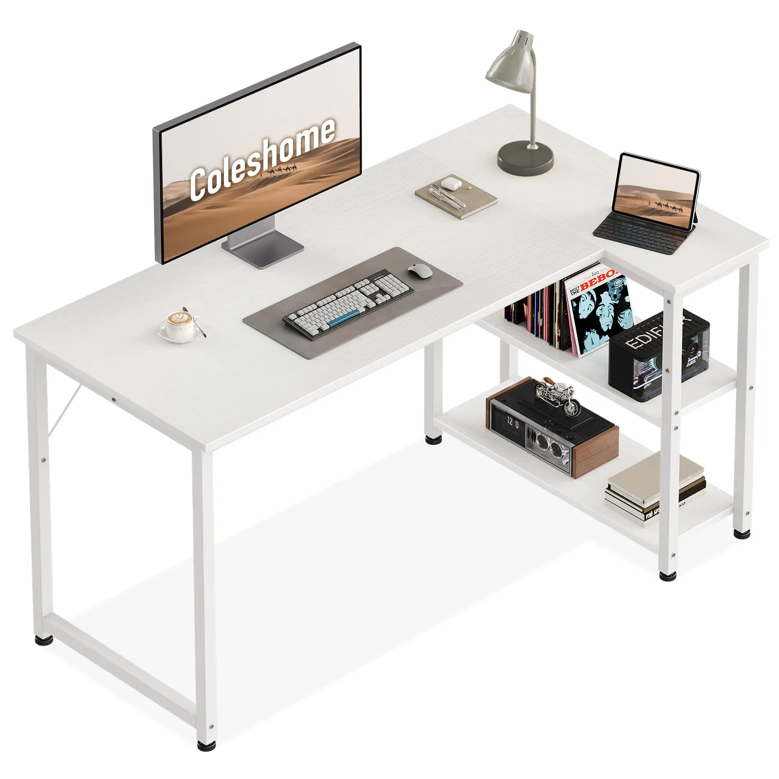Coleshome Scrivania Angolare con Libreria Reversibile, 120 x 70 cm, Bianca - immagine 1