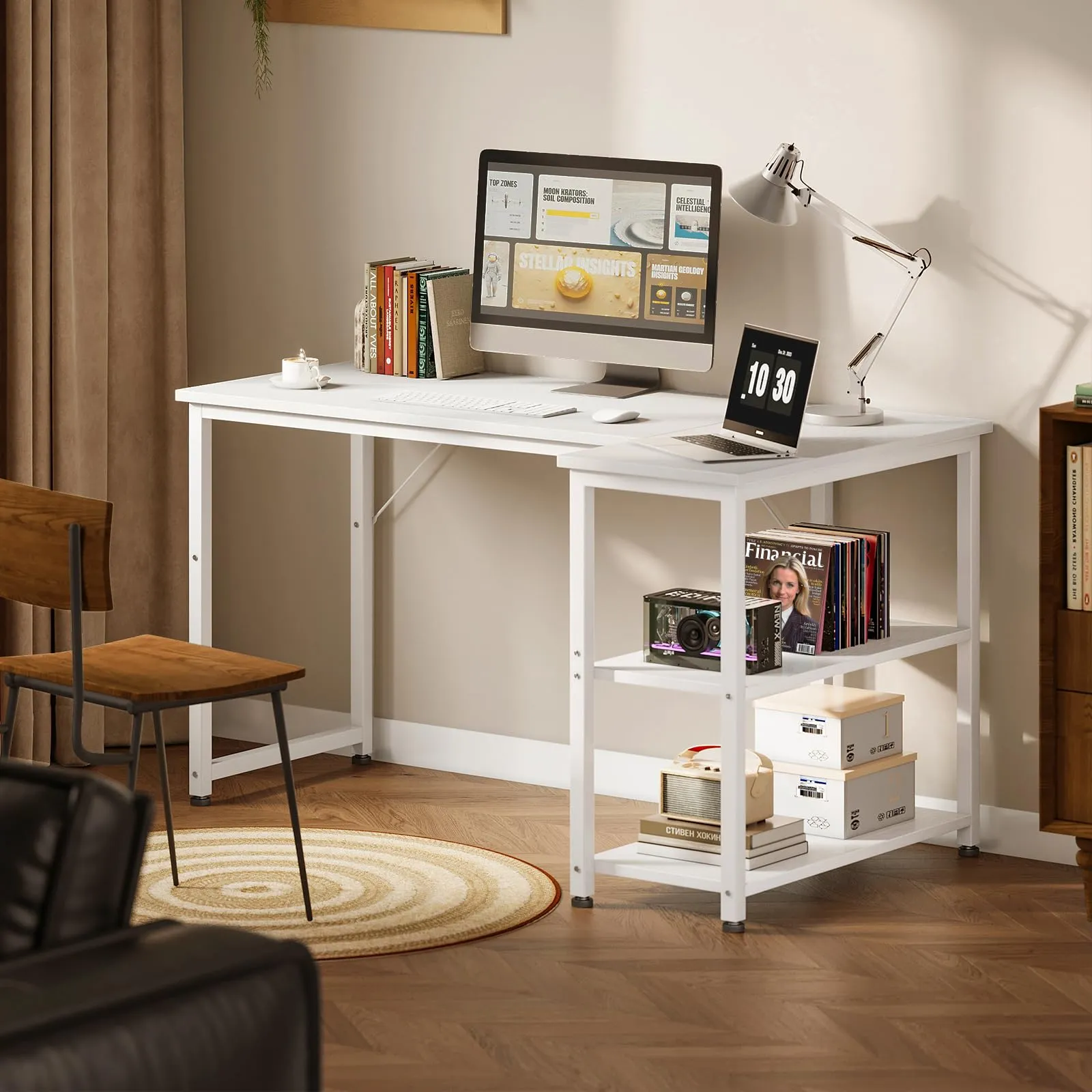 Coleshome Scrivania Angolare con Libreria Reversibile, 120 x 70 cm, Bianca - immagine 2