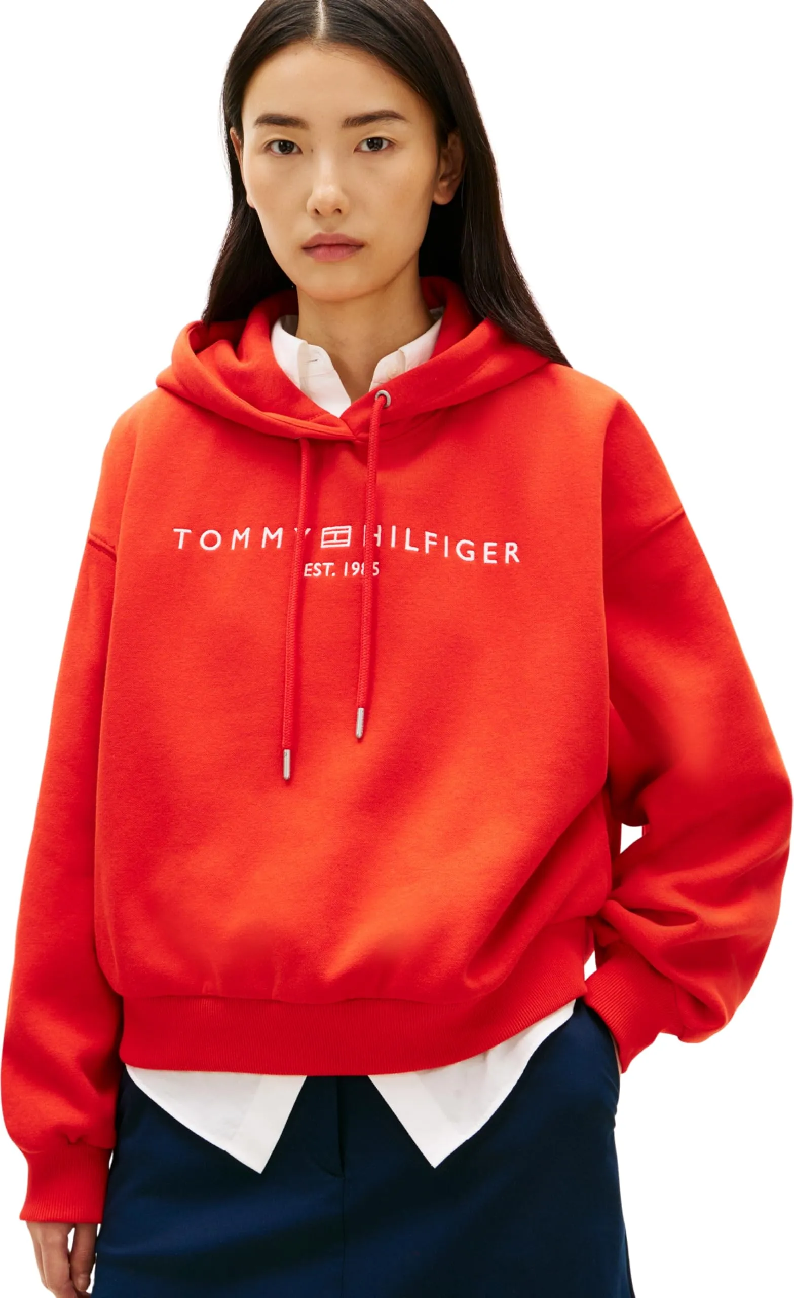 Tommy Hilfiger Donna Felpa con Cappuccio Corp Logo, Rosso Fireworks, S - immagine 1