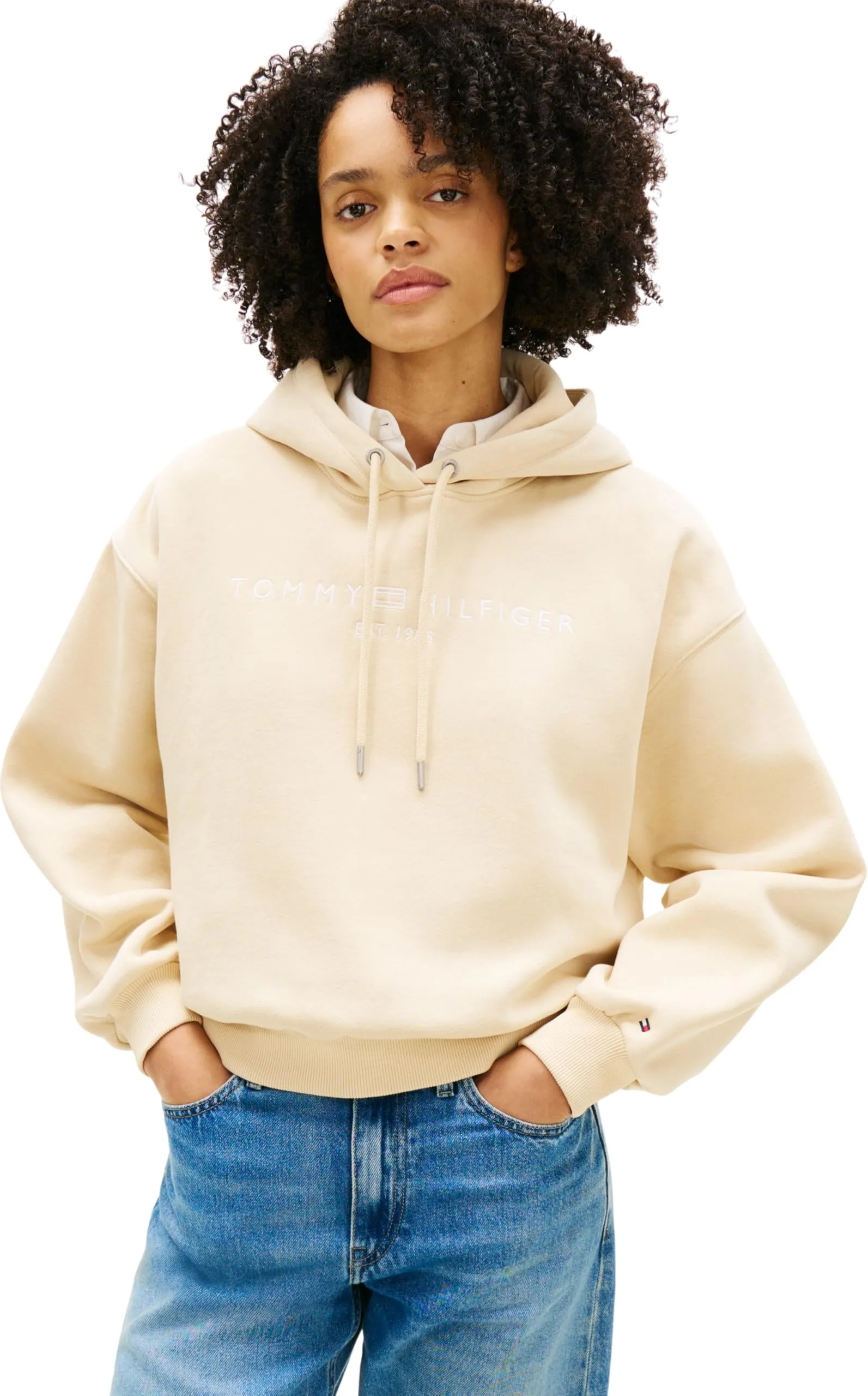 Tommy Hilfiger Donna Felpa con Cappuccio Corp Logo, Avorio, XS - immagine 1
