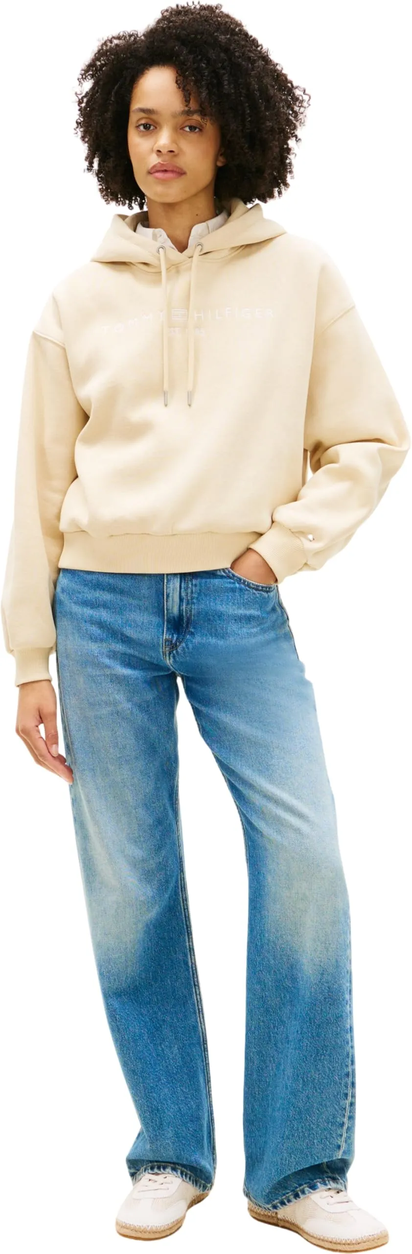 Tommy Hilfiger Felpa con Cappuccio Donna Corp Logo Mdrn WW0WW47832, Beige, S - immagine 5