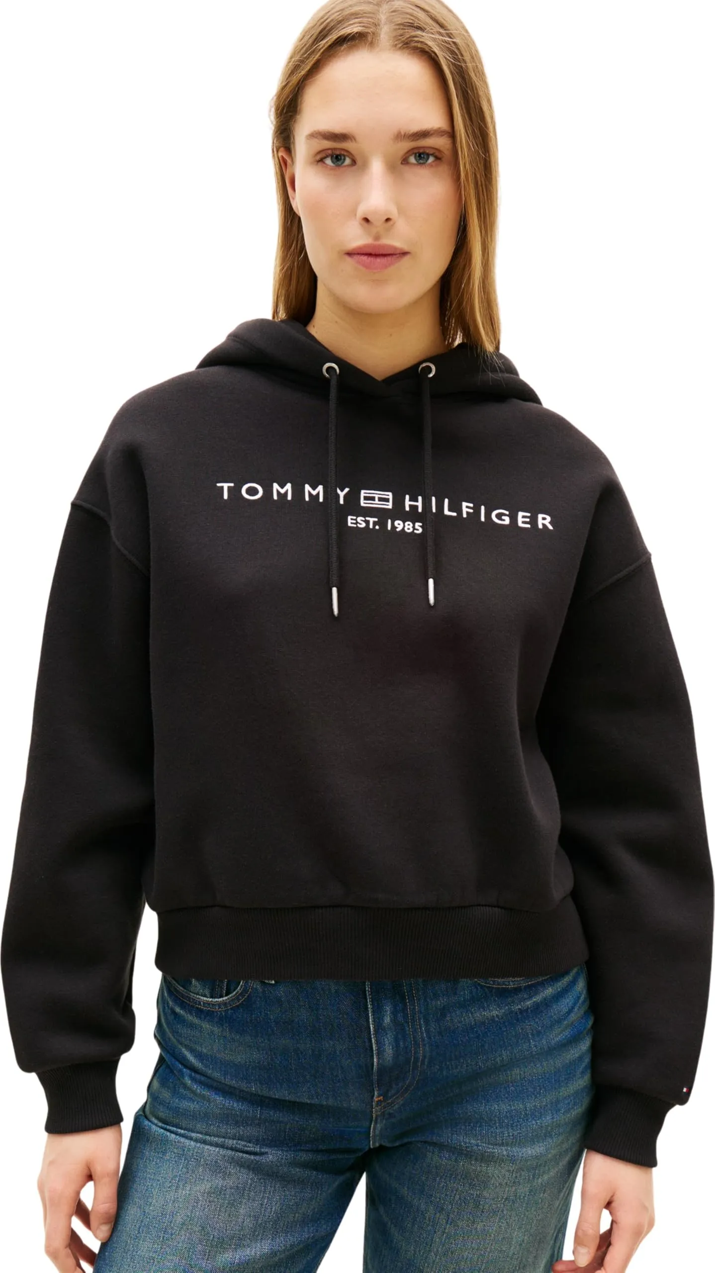 Tommy Hilfiger Donna Felpa con Cappuccio Corp Logo, Nero, M - immagine 1