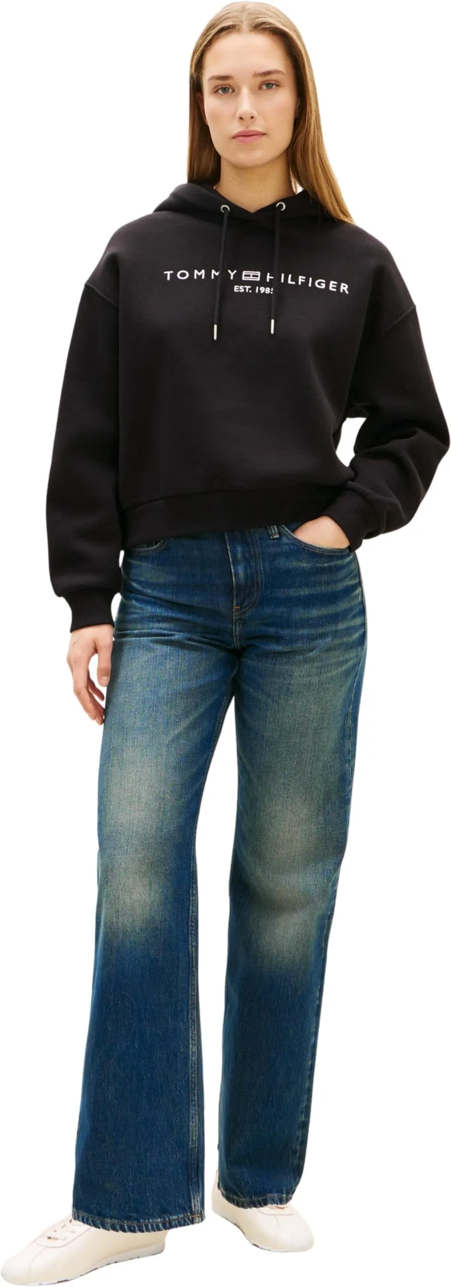 Tommy Hilfiger Donna Felpa con Cappuccio Corp Logo, Nero, L - immagine 5