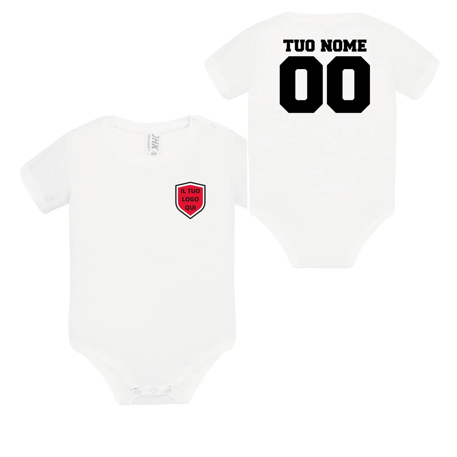 D&Vlab Body Bodino Personalizzato con Nome Numero e Logo per Squadra Calcio in 100% Cotone (Bianco) - immagine 1