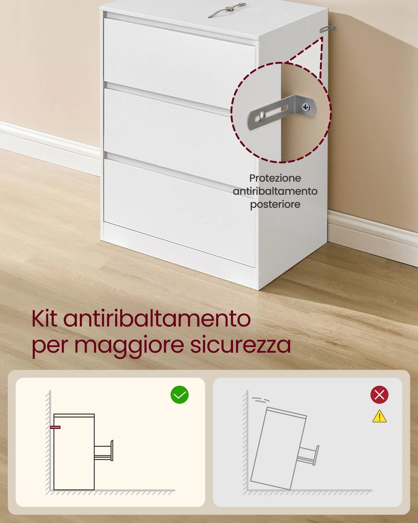 VASAGLE KAILYN Cassettiera con 3 Cassetti, 40 x 60 x 75 cm, Bianco Neve LTS613WE01V1 - immagine 5