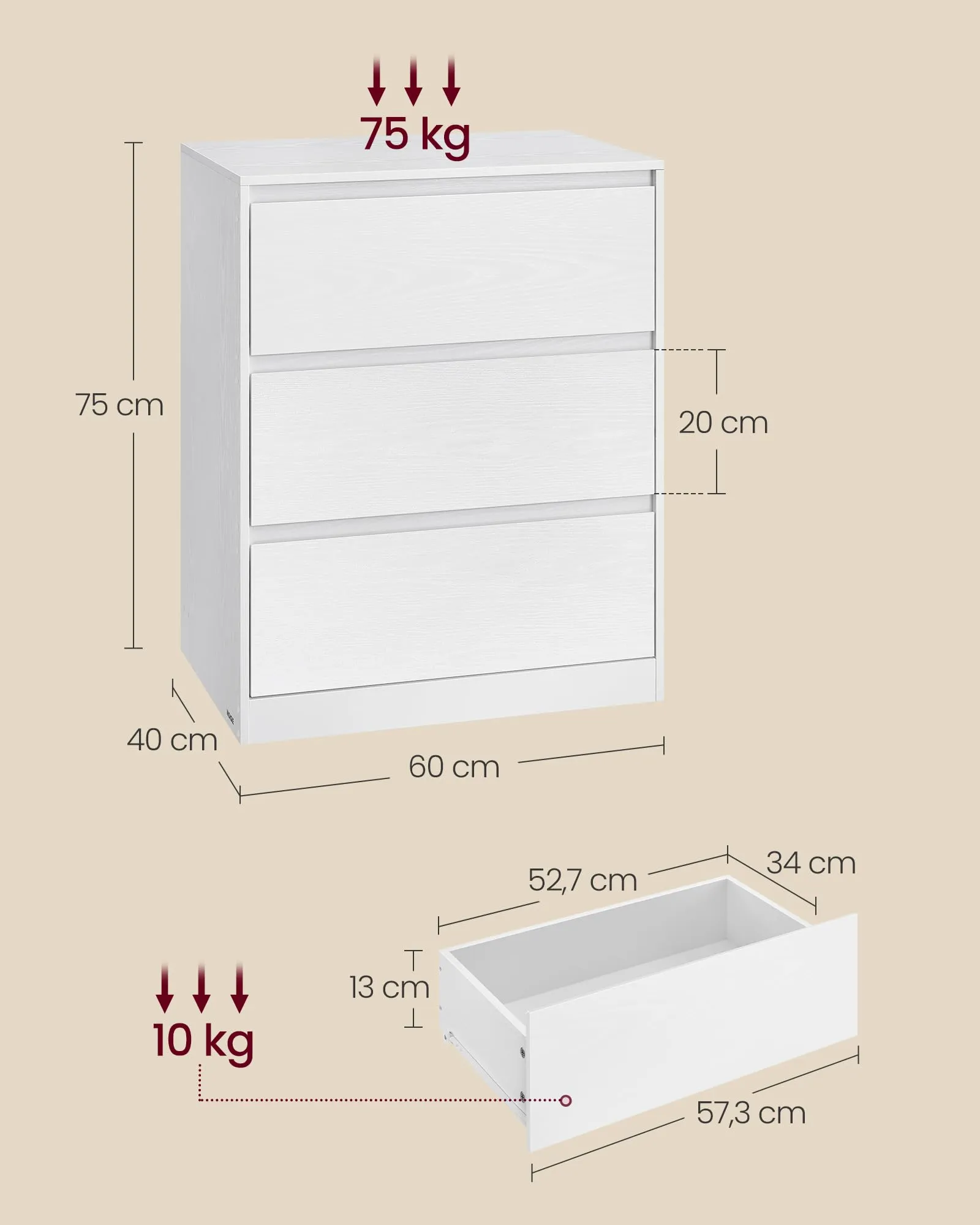 VASAGLE KAILYN Cassettiera con 3 Cassetti, 40 x 60 x 75 cm, Bianco Neve LTS613WE01V1 - immagine 6