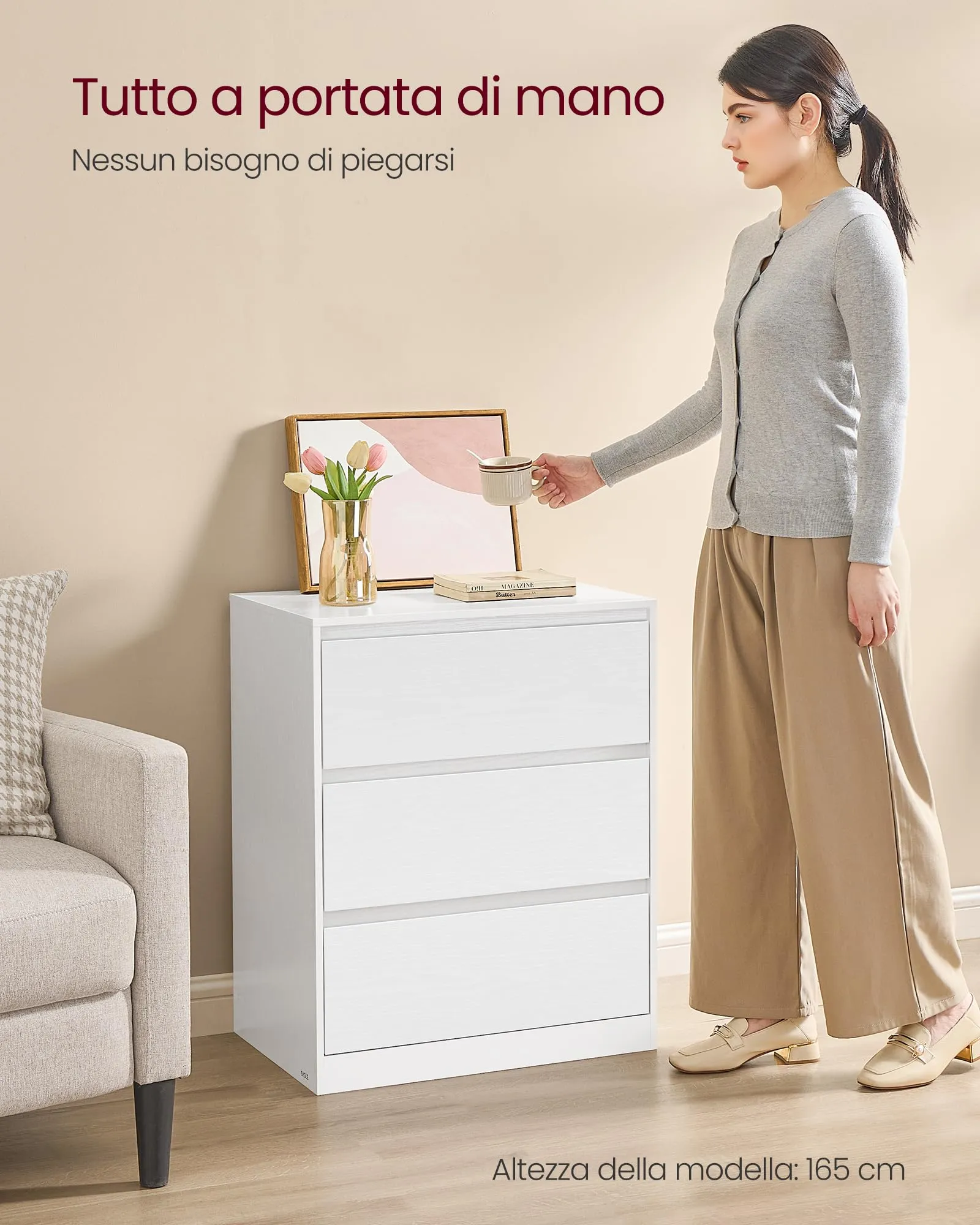 VASAGLE KAILYN Cassettiera con 3 Cassetti, 40 x 60 x 75 cm, Bianco Neve LTS613WE01V1 - immagine 7