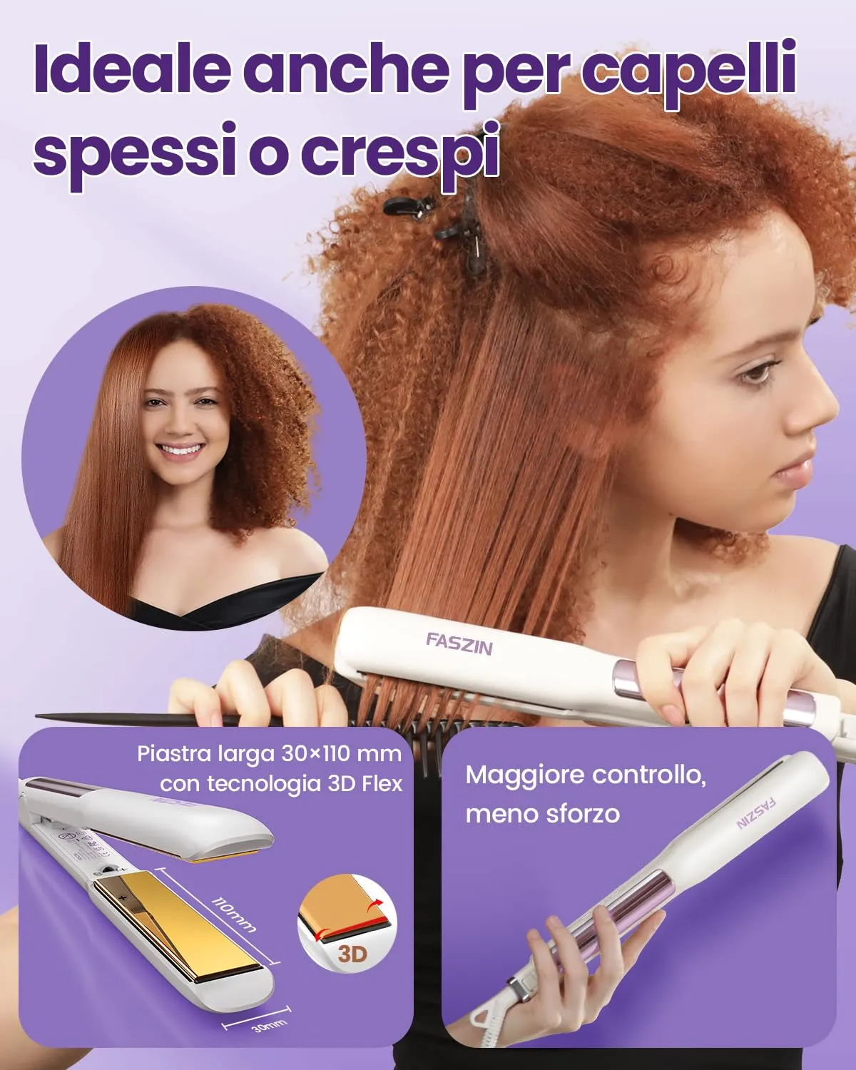 Faszin Piastra per Capelli Professionale in Titanio 2 in 1, 30mm, Perla - immagine 6