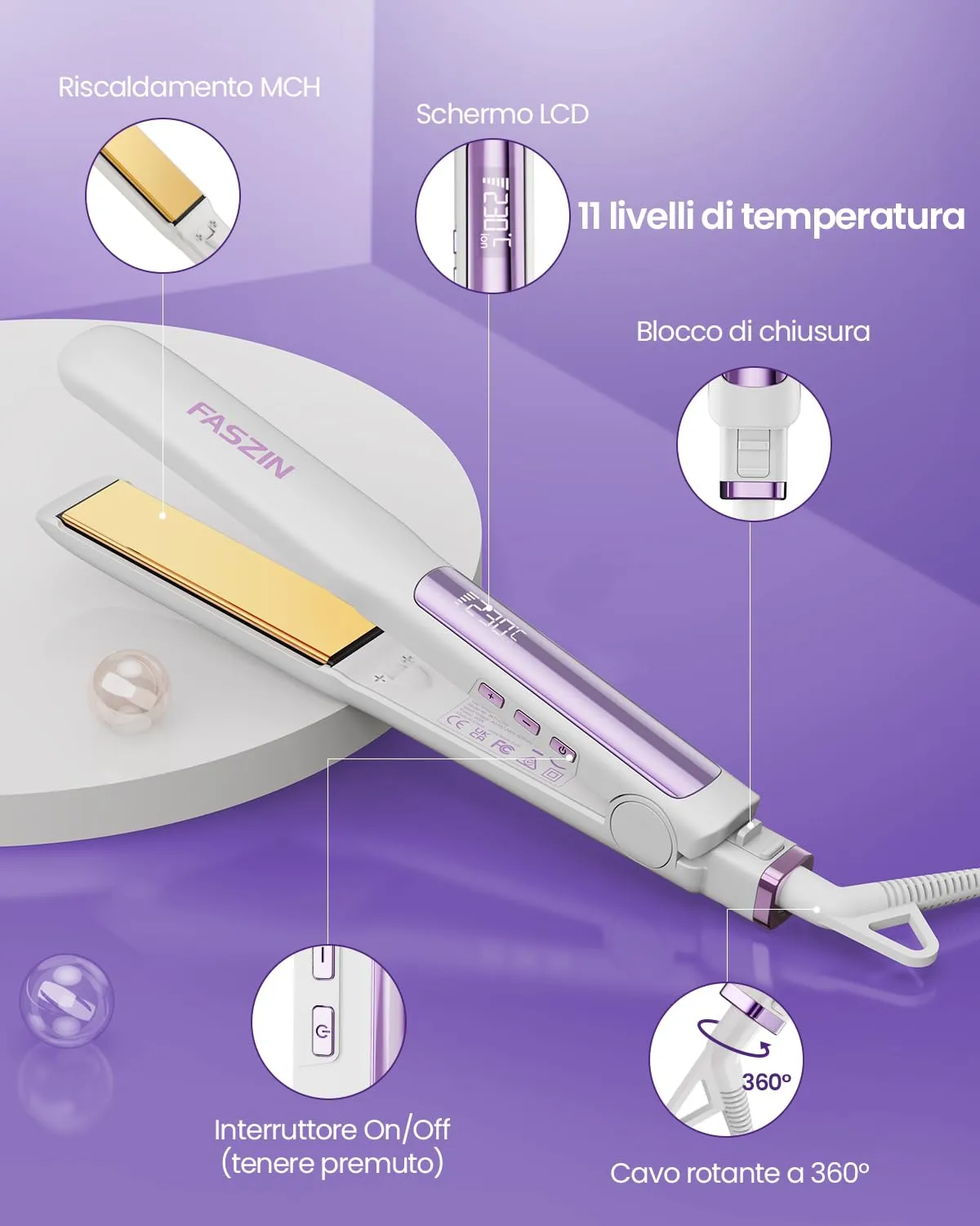 Faszin Piastra per Capelli Professionale in Titanio 2 in 1, 30mm, Perla - immagine 7