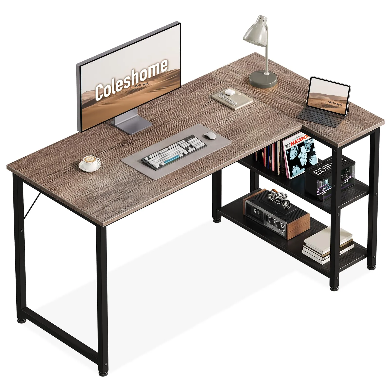 Coleshome Scrivania Angolare con Libreria Reversibile, 120 x 70 cm, Grigia - immagine 1
