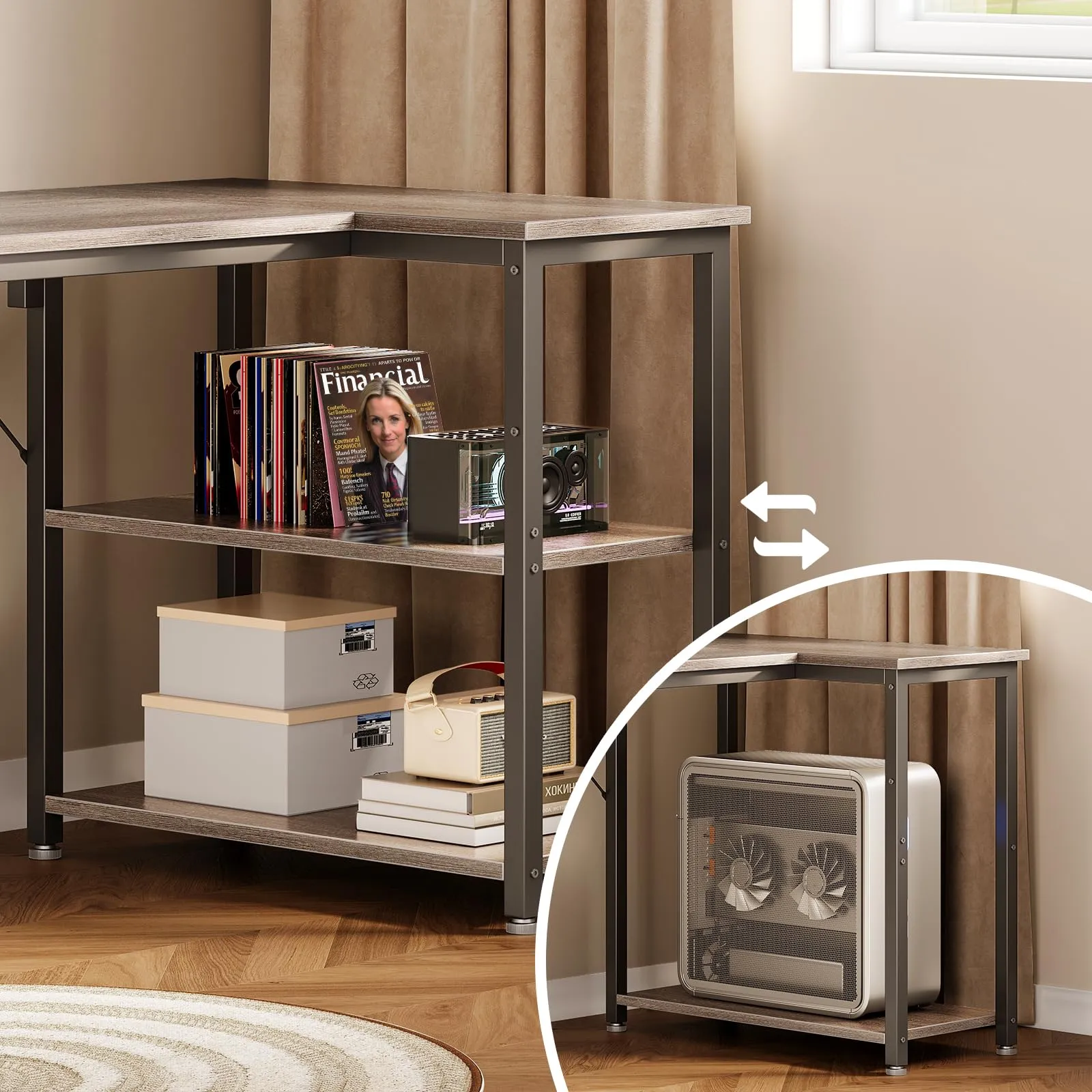 Coleshome Scrivania Angolare con Libreria Reversibile, 120 x 70 cm, Grigia - immagine 3