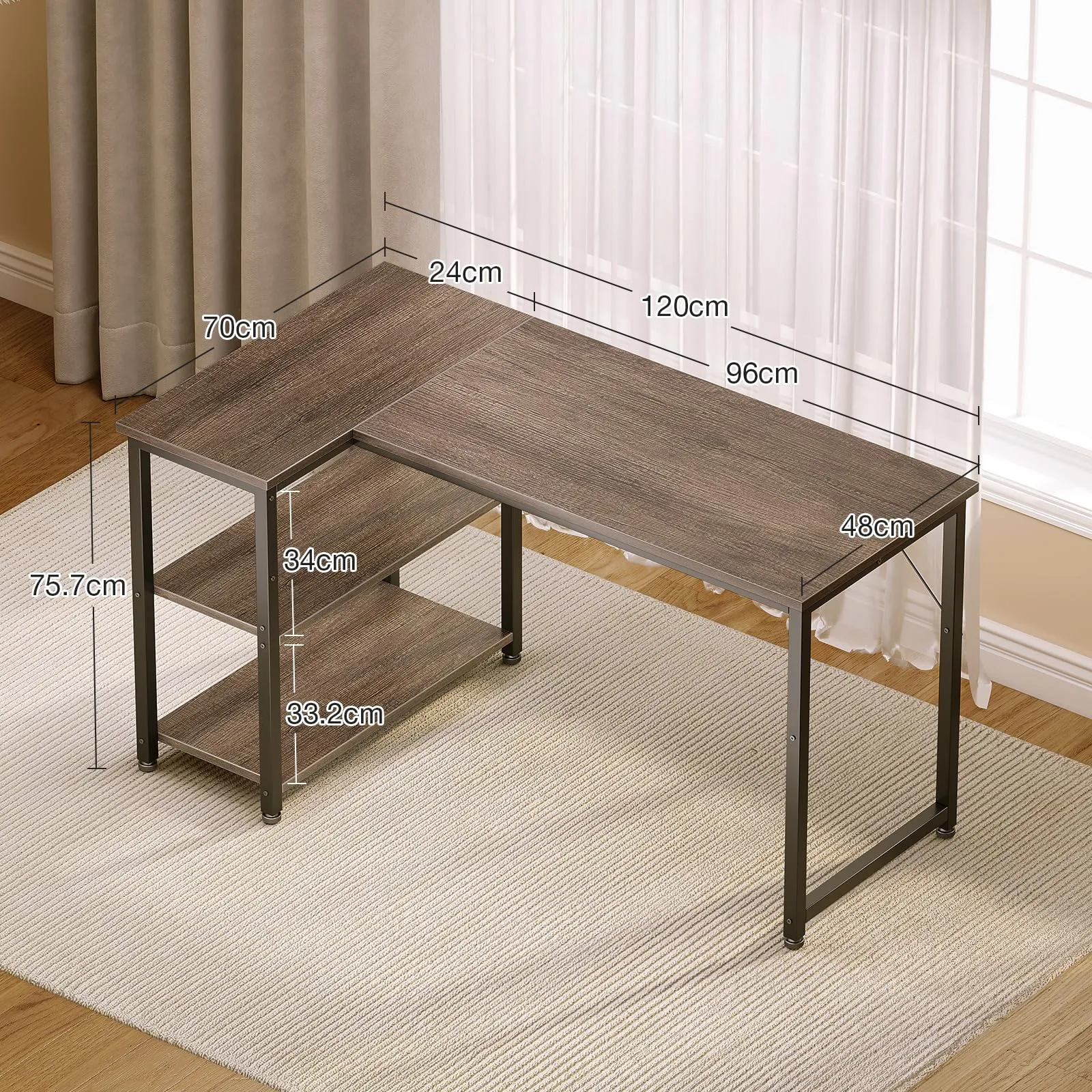 Coleshome Scrivania Angolare con Libreria Reversibile, 120 x 70 cm, Grigia - immagine 4