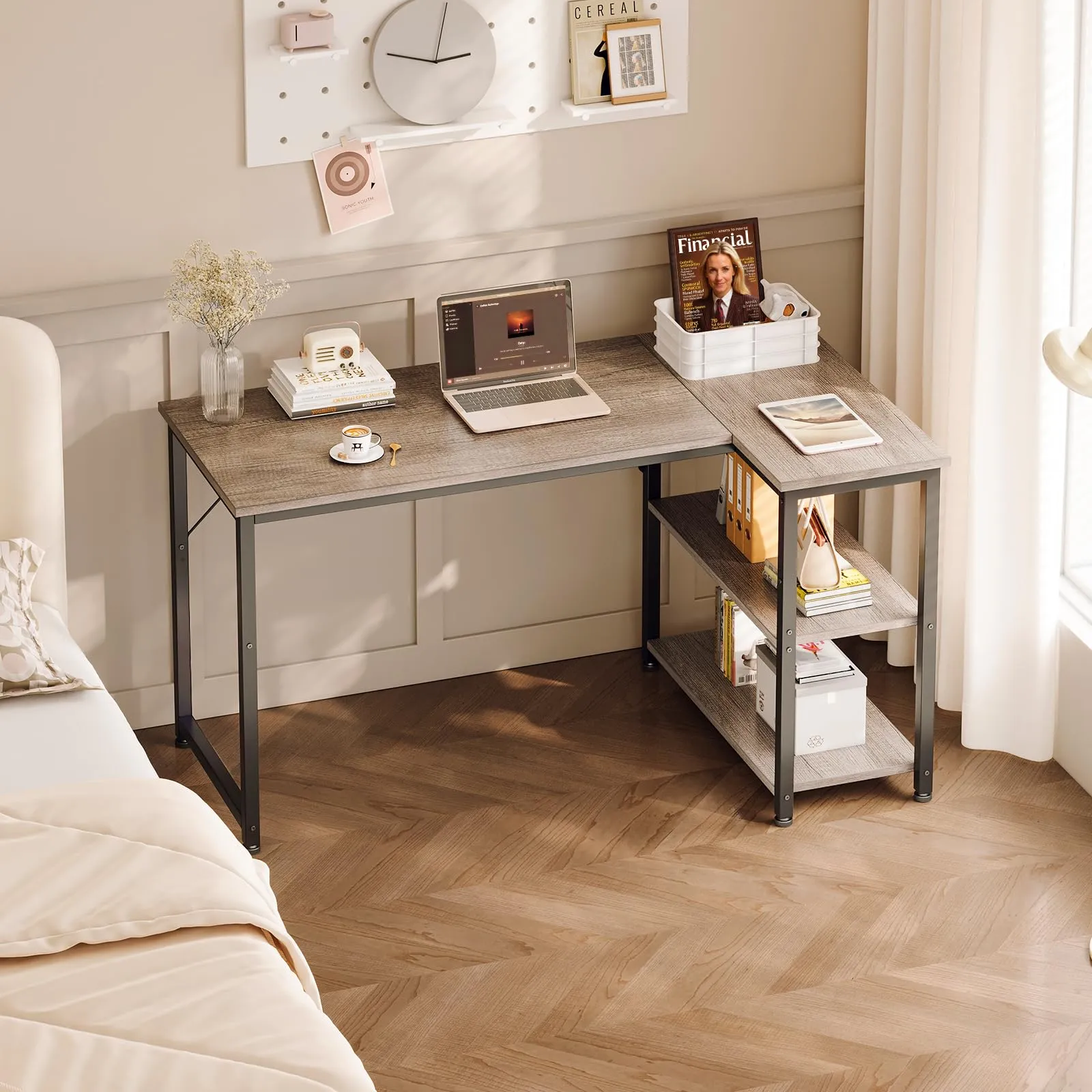 Coleshome Scrivania Angolare con Libreria Reversibile, 120 x 70 cm, Grigia - immagine 7