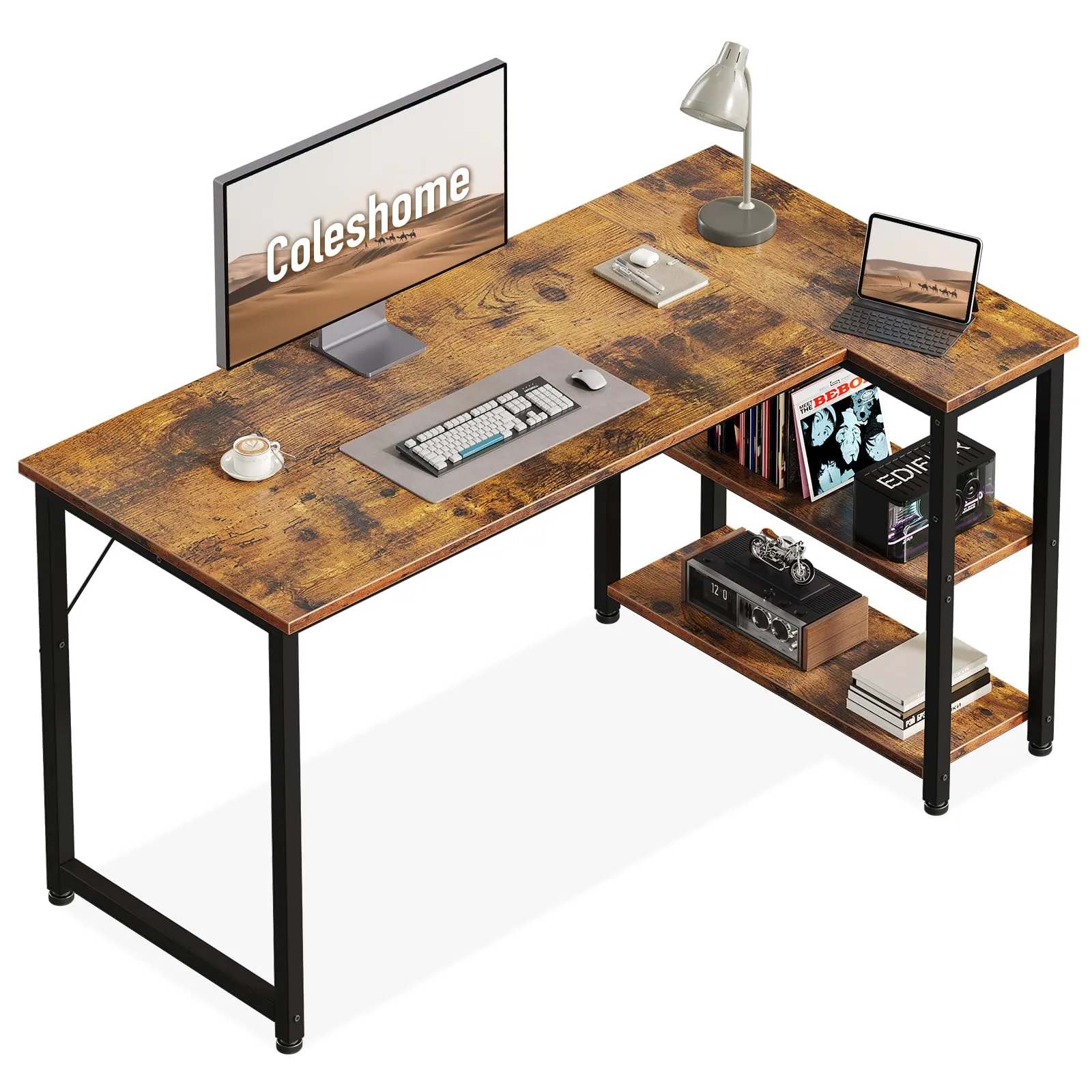 Coleshome Scrivania Angolare con Libreria, 120 x 70 cm, Marrone - immagine 1